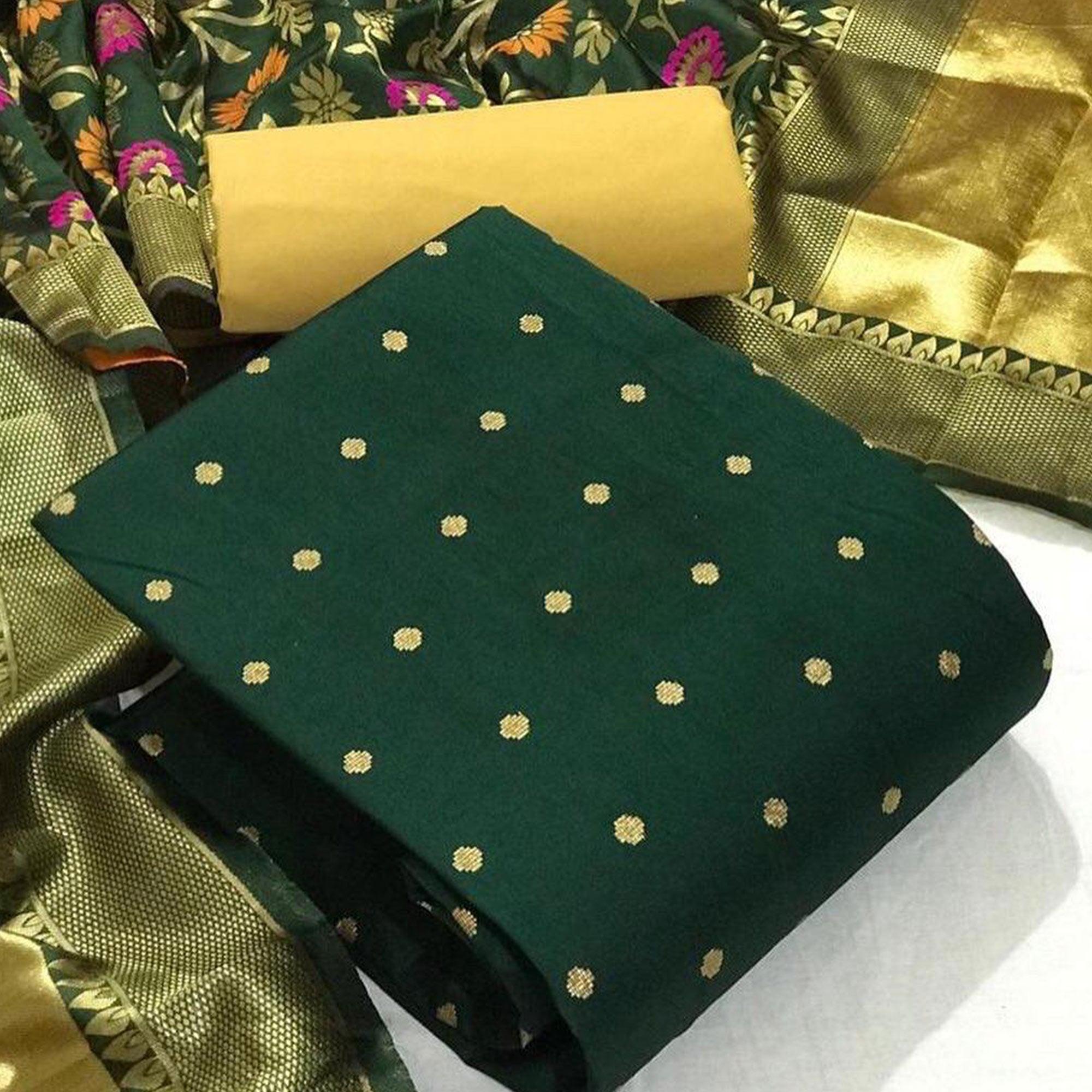 Green Casual Wear Woven Banarasi Silk Dress Material - Peachmode