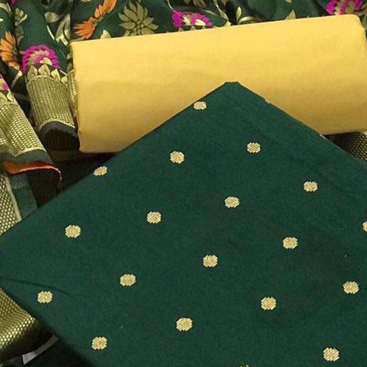 Green Casual Wear Woven Banarasi Silk Dress Material - Peachmode