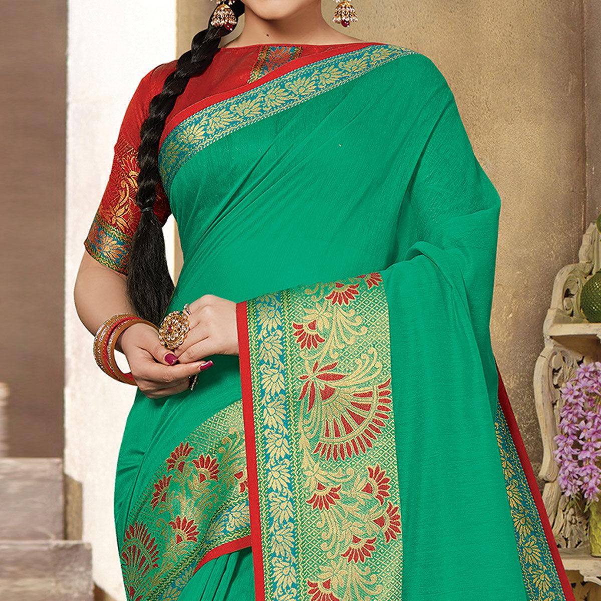 Green Casual Wear Woven Cotton Handloom Saree - Peachmode