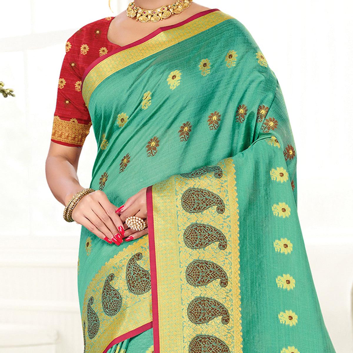 Green Casual Wear Woven Cotton Handloom Saree - Peachmode