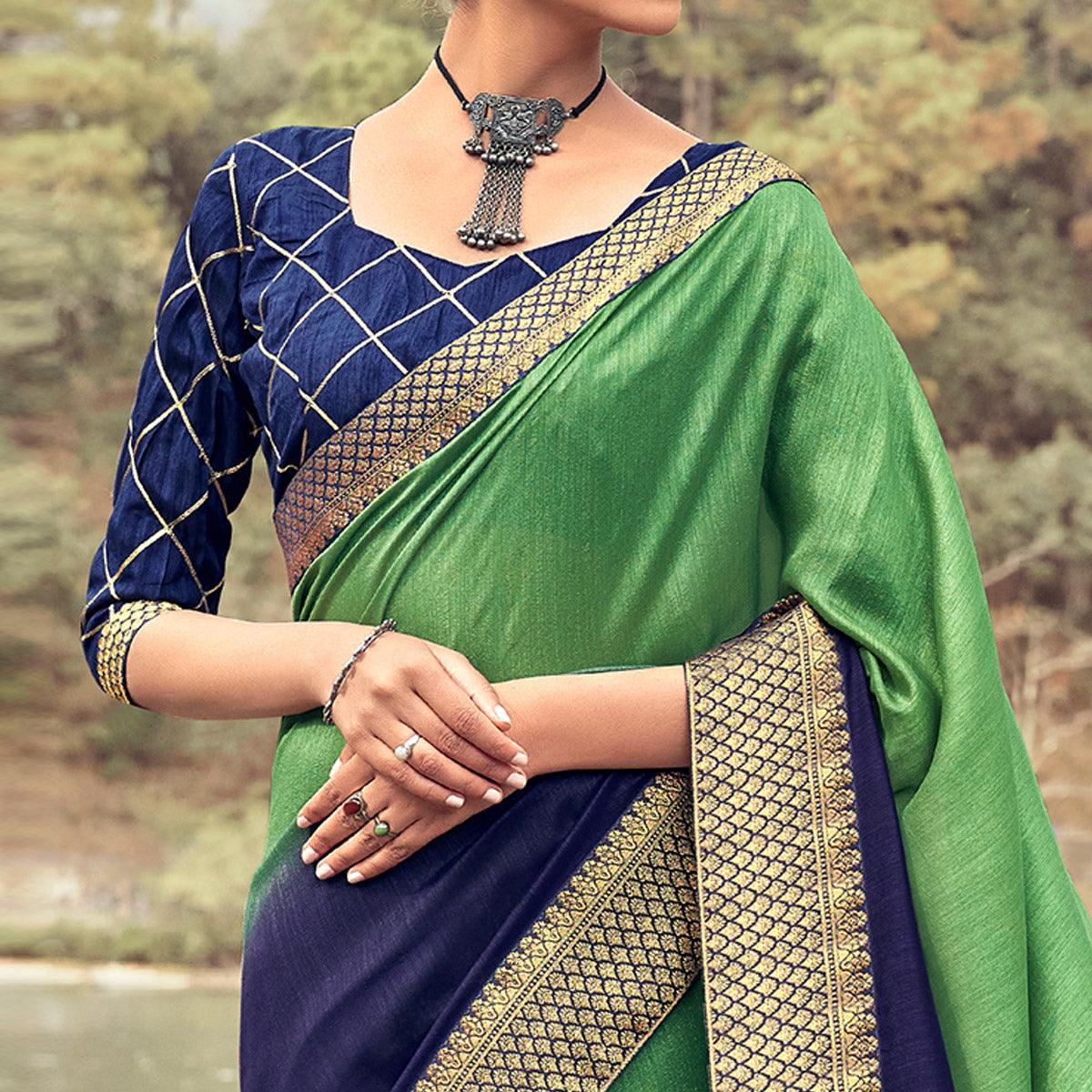 Green Casual Wear Woven Silk Saree - Peachmode
