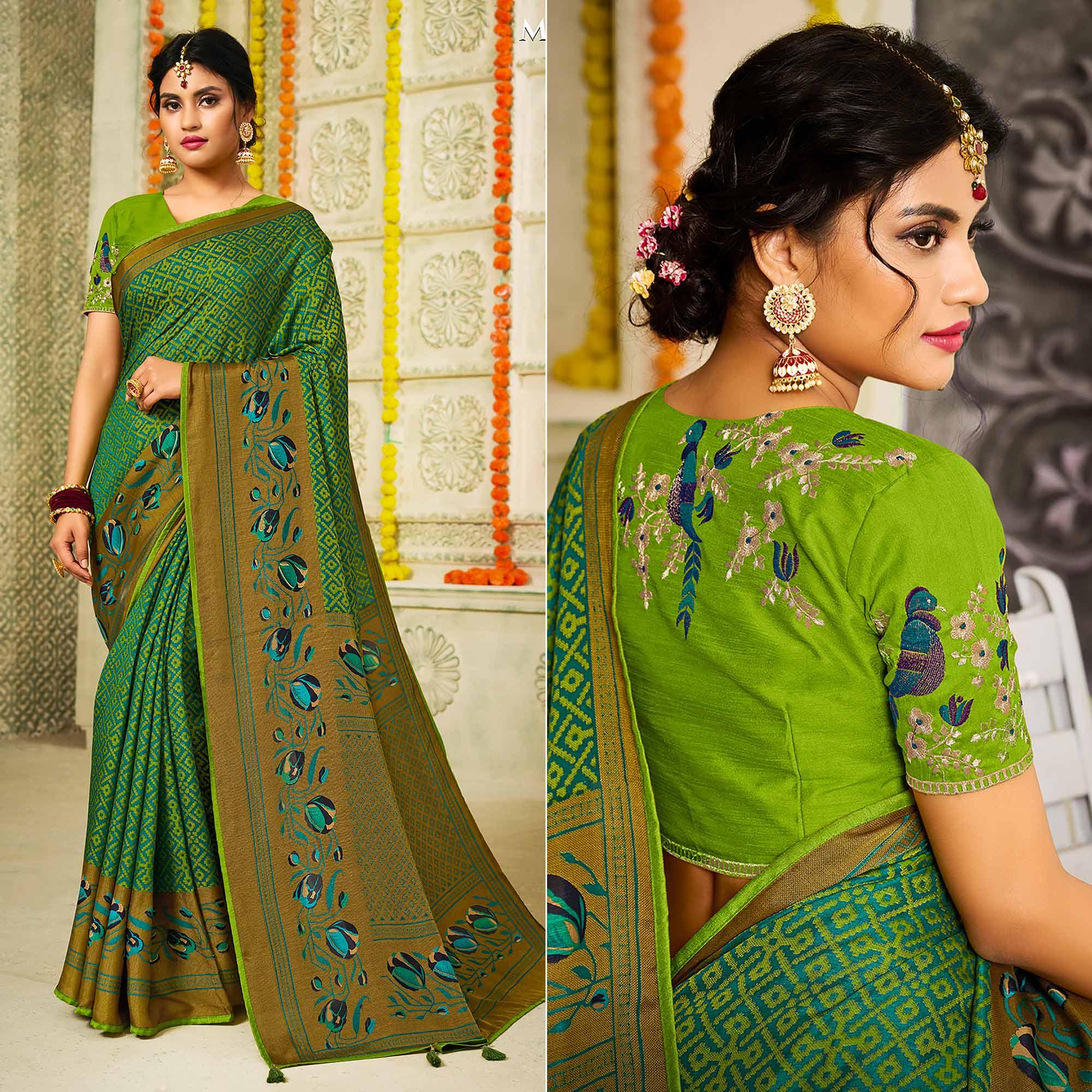 Green Checks Printed Brasso Saree With Tassels - Peachmode