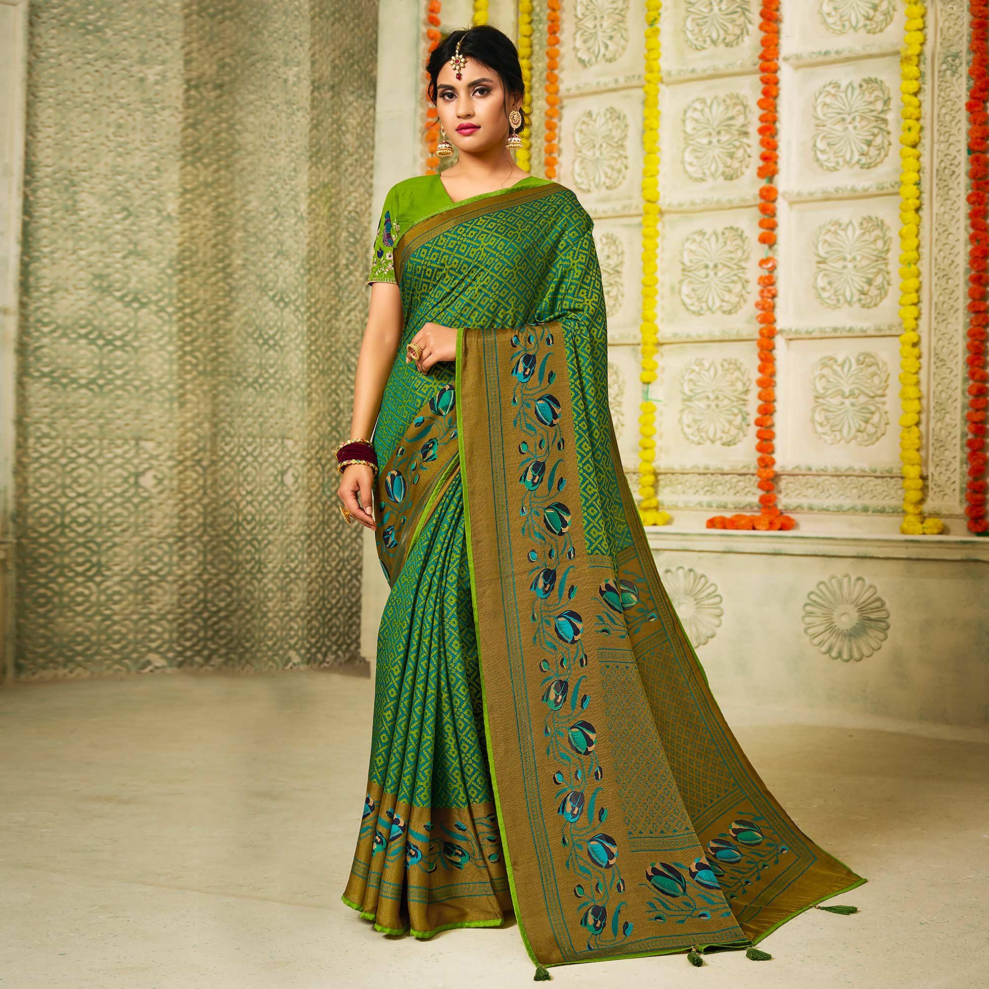 Green Checks Printed Brasso Saree With Tassels - Peachmode