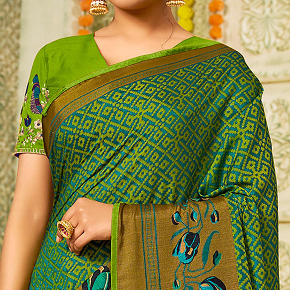 Green Checks Printed Brasso Saree With Tassels - Peachmode