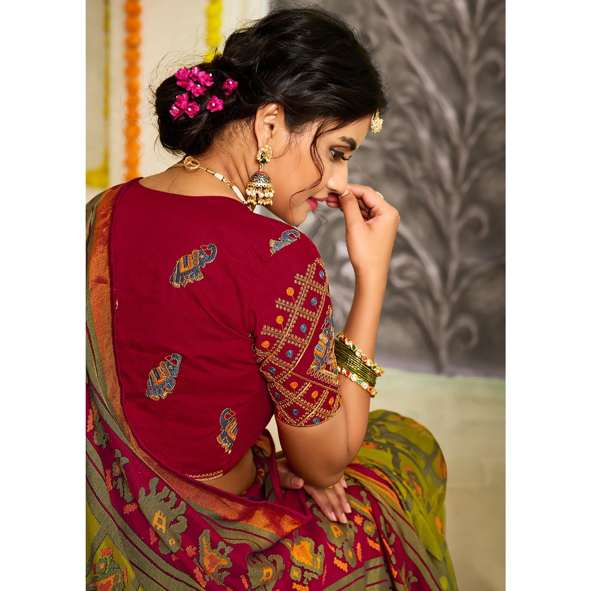 Green Checks Printed Brasso Saree With Tassels - Peachmode