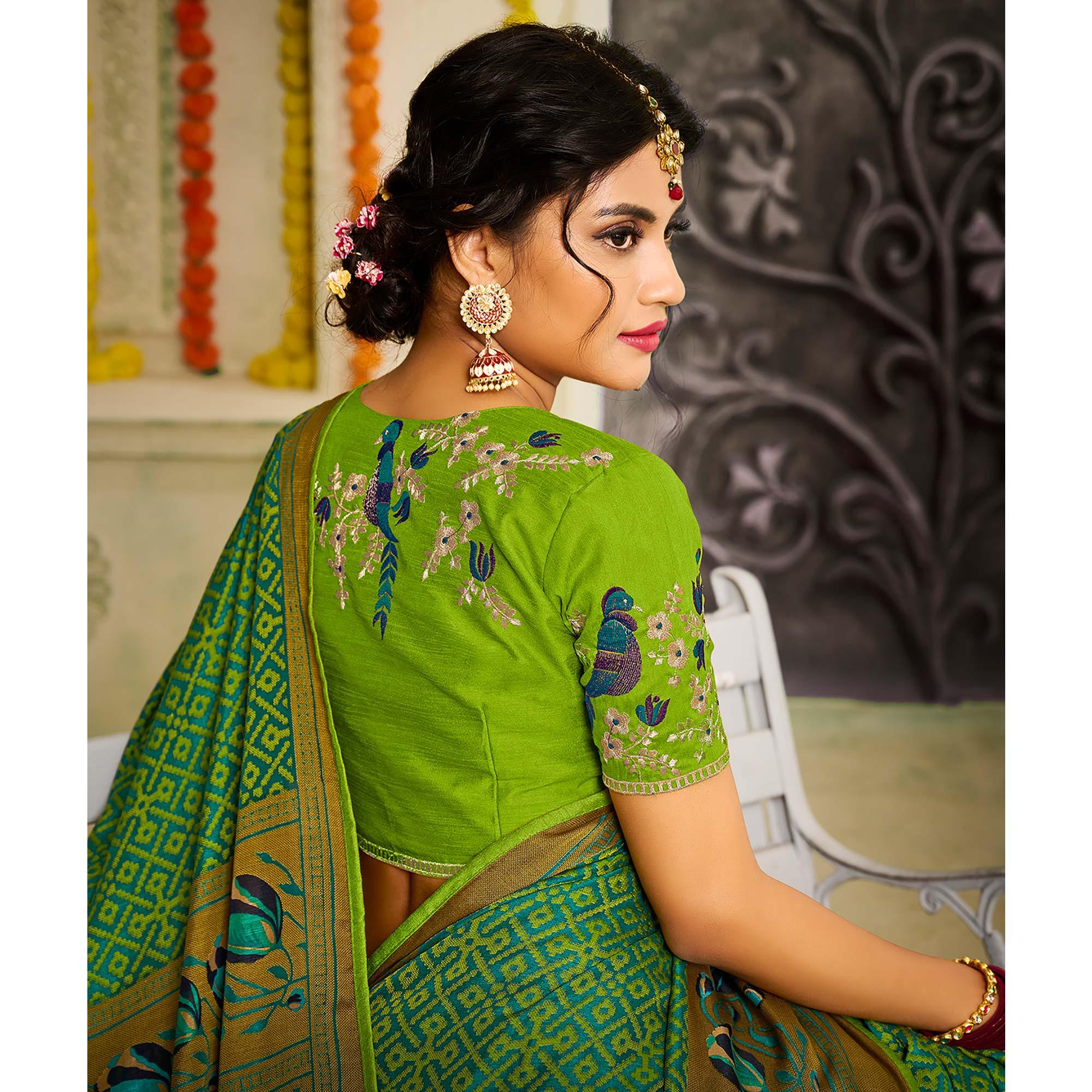 Green Checks Printed Brasso Saree With Tassels - Peachmode