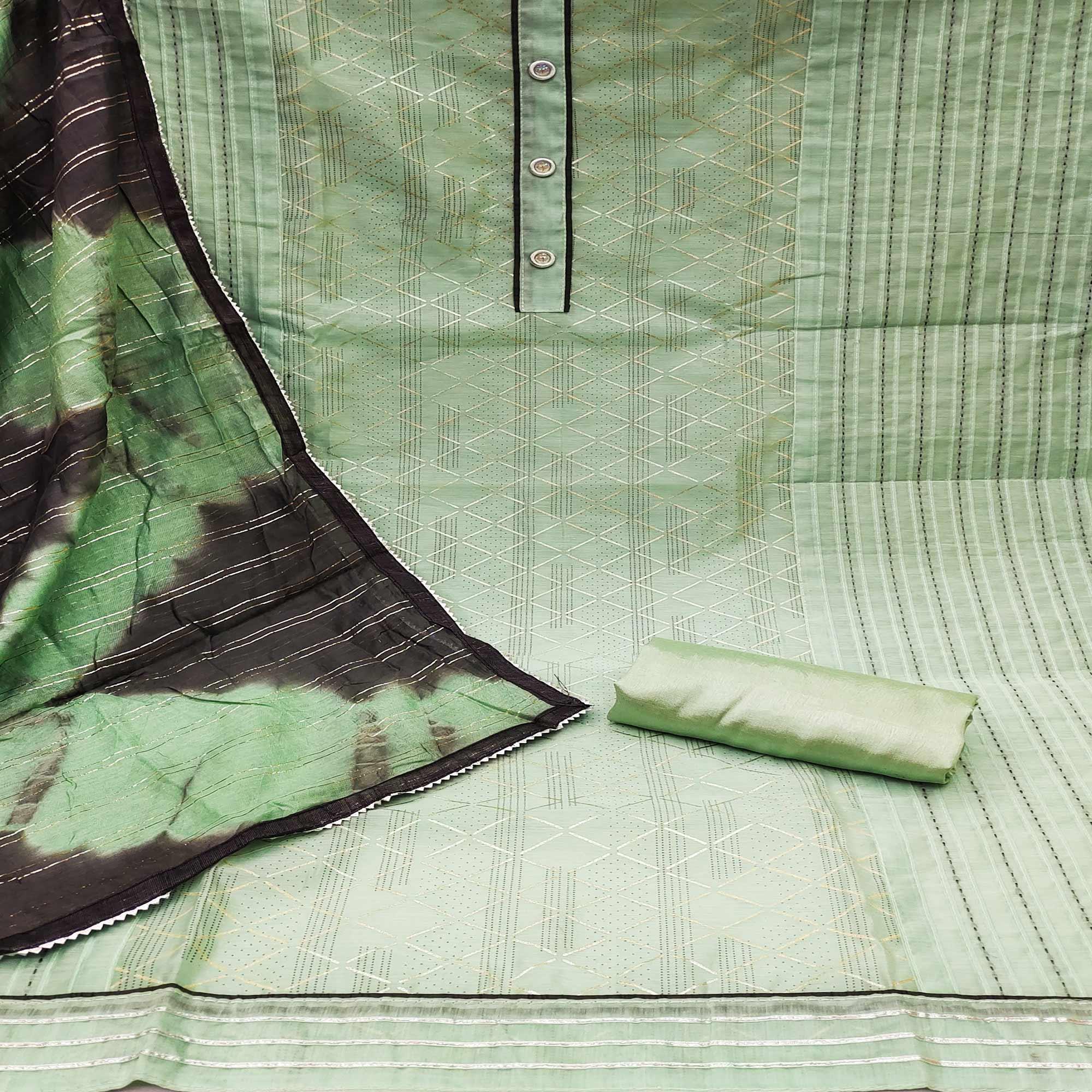 Green Checks Printed Chanderi Dress Material - Peachmode