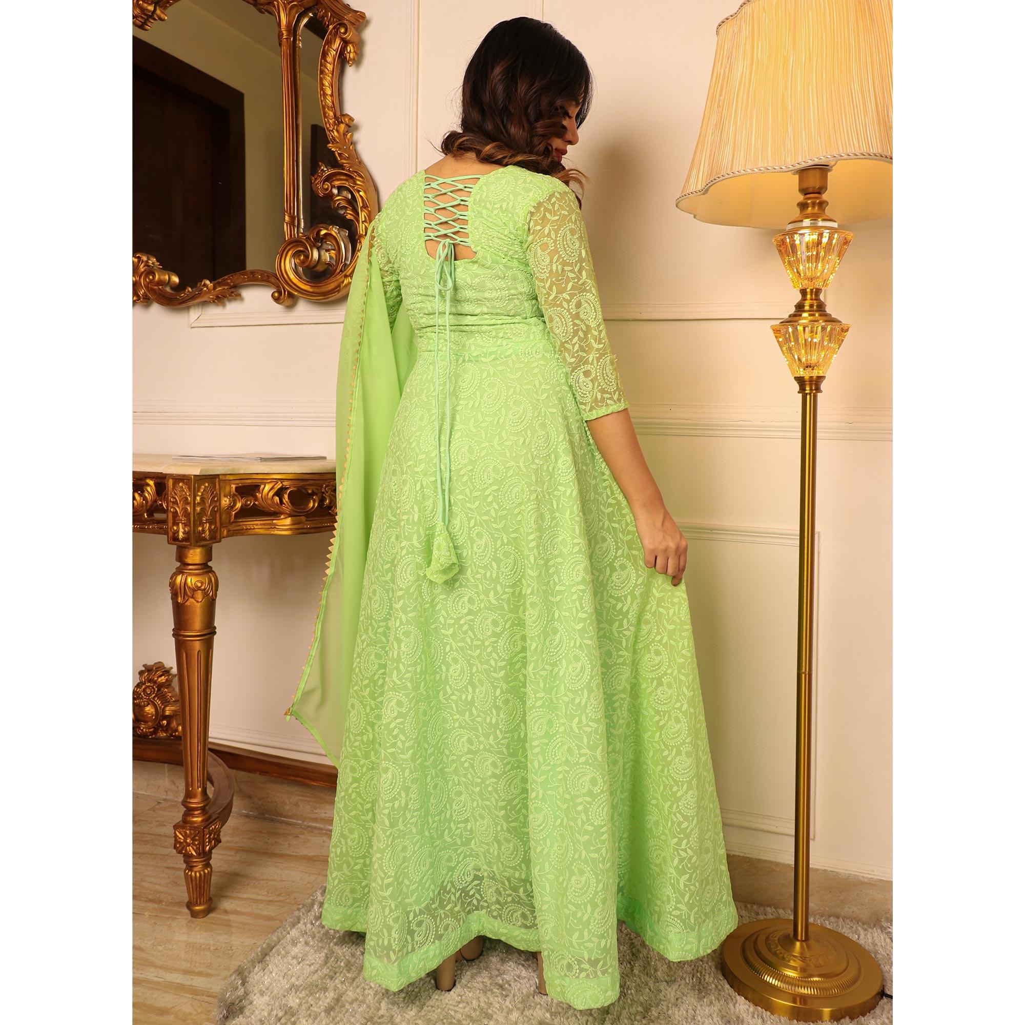 Green Chikankari Work Georgette Gown With Dupatta - Peachmode