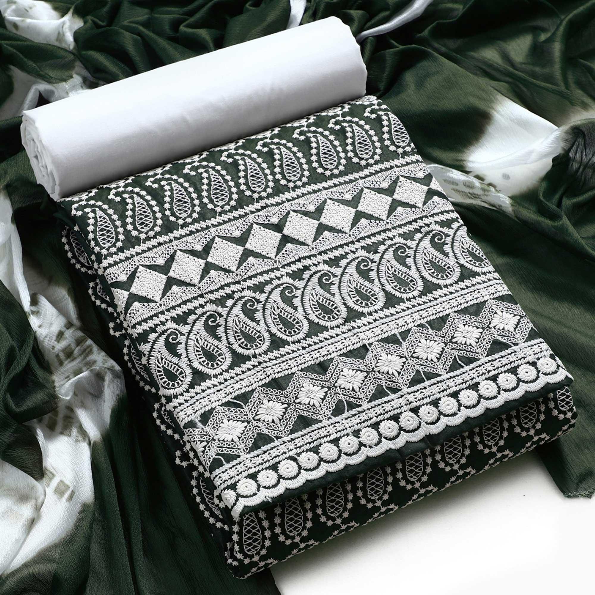 Green Chikankari Work Poly Cotton Dress Material - Peachmode