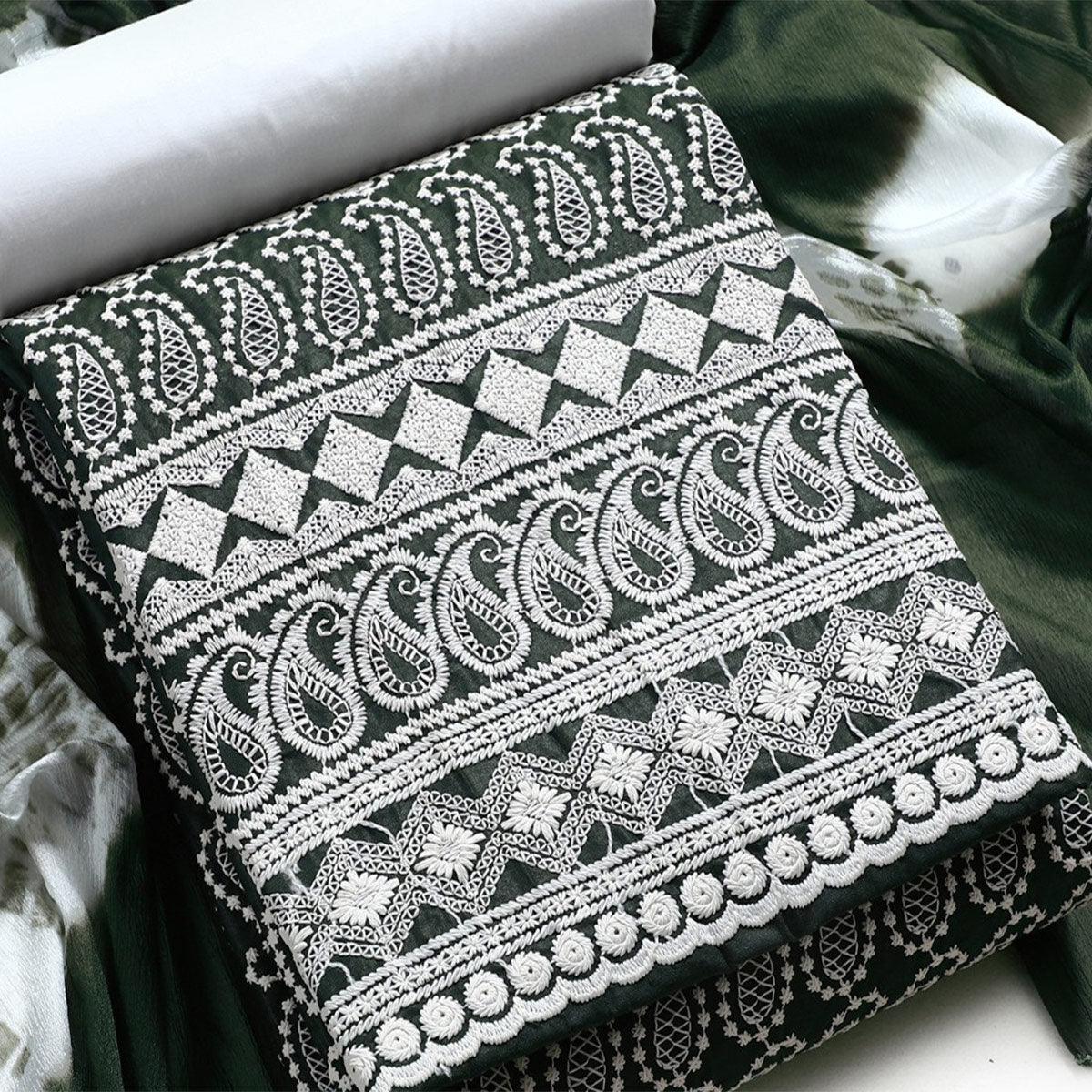 Green Chikankari Work Poly Cotton Dress Material - Peachmode