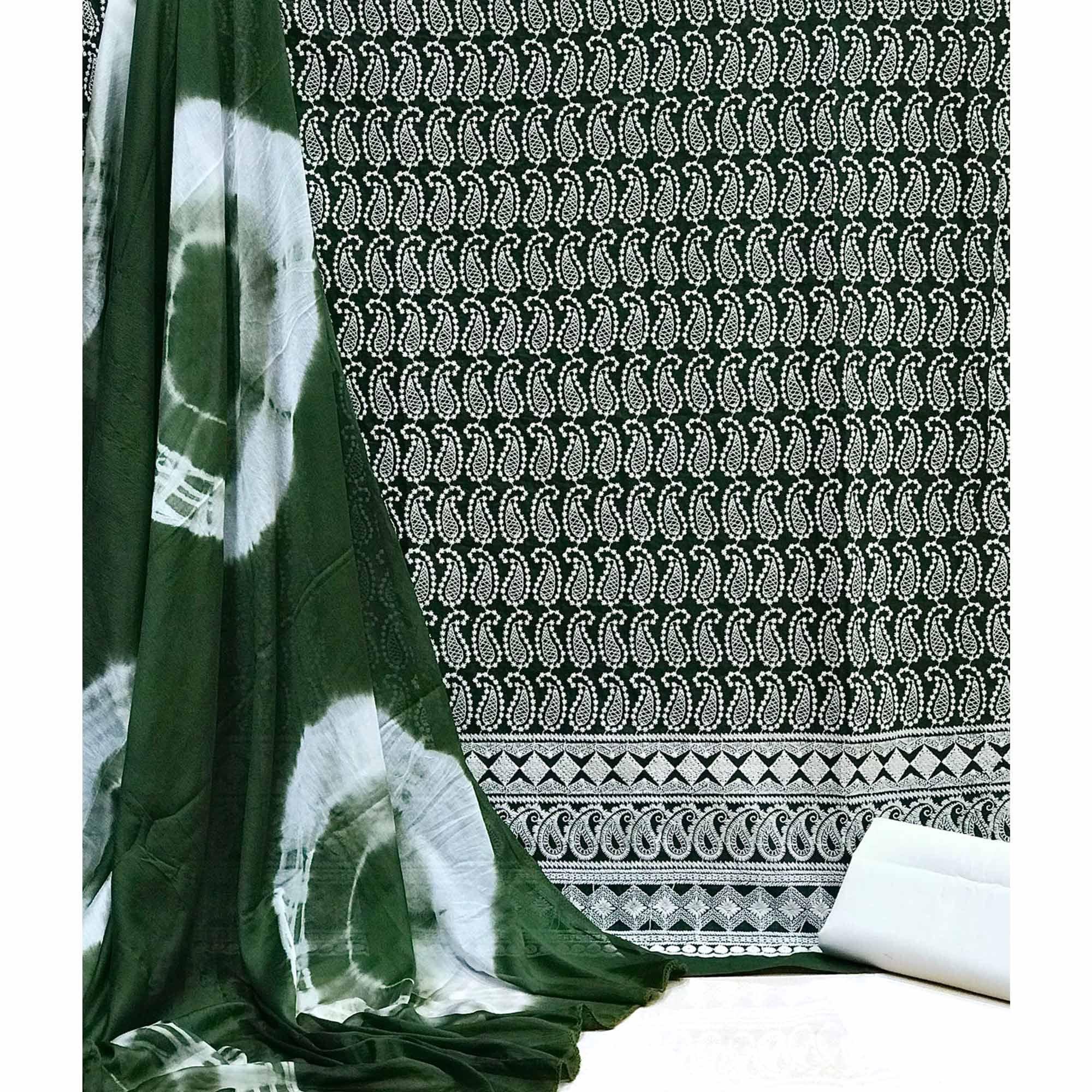 Green Chikankari Work Poly Cotton Dress Material - Peachmode