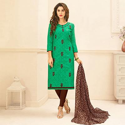 Green Colored Embroidered Casual Wear Jacquard Suit - Peachmode