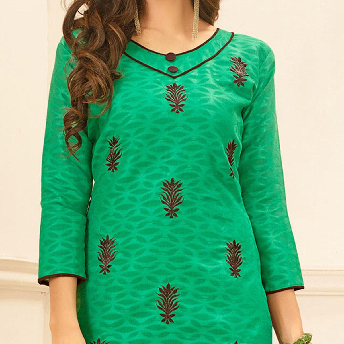 Green Colored Embroidered Casual Wear Jacquard Suit - Peachmode