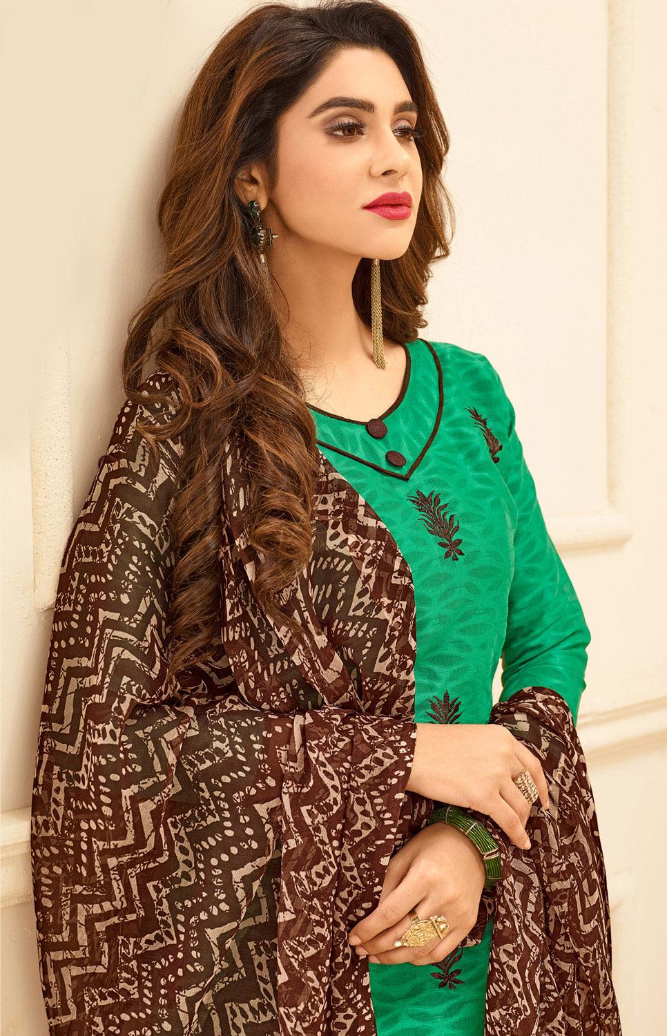 Green Colored Embroidered Casual Wear Jacquard Suit - Peachmode