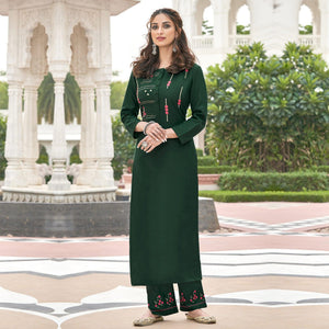 Green Colored Partywear Embroidered Cotton Slub Kurti Palazzo Set - Peachmode