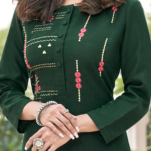 Green Colored Partywear Embroidered Cotton Slub Kurti Palazzo Set - Peachmode