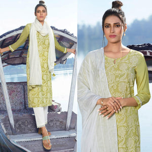Green Colored Printed Viscose Silk Kurti - Pant Set With Dupatta - Peachmode