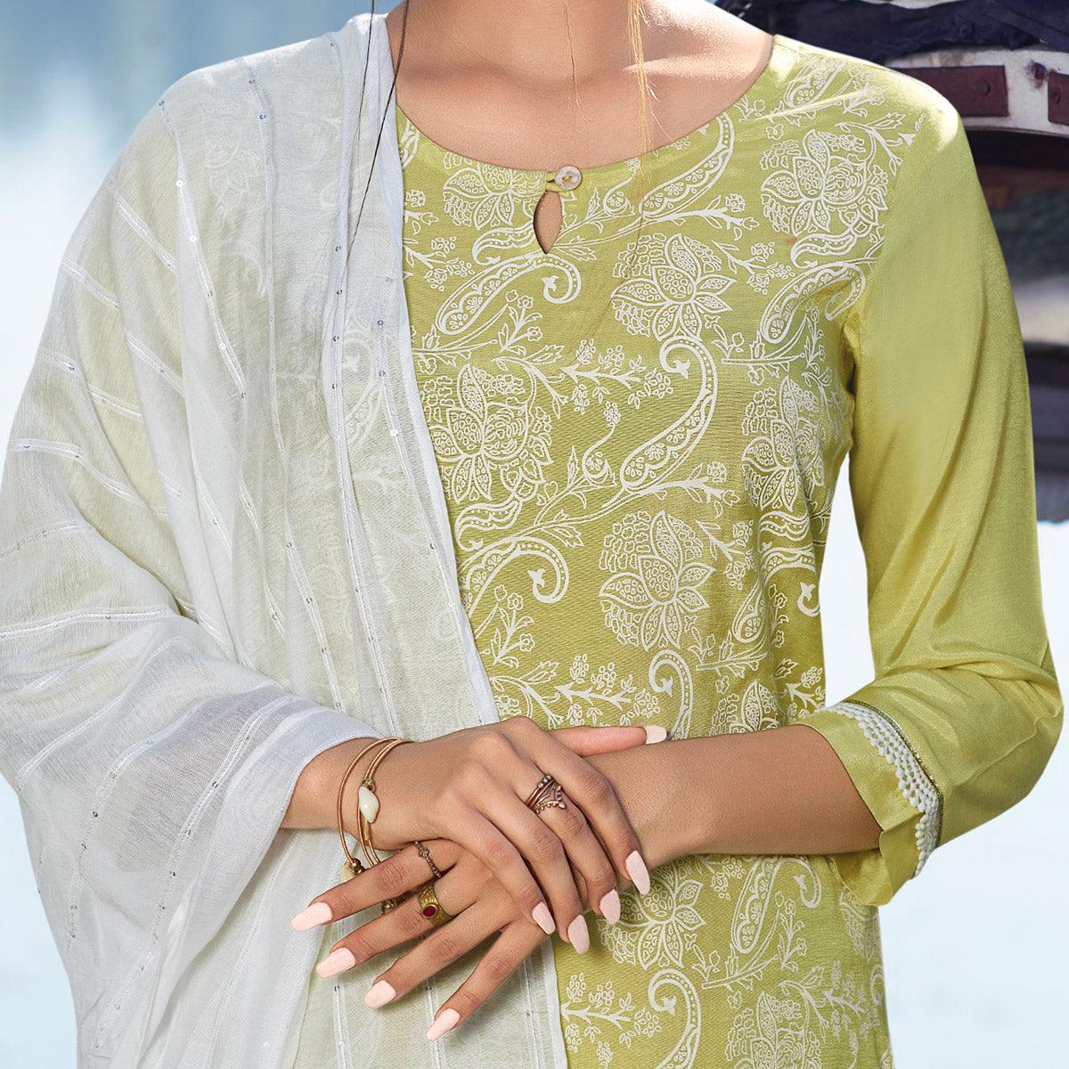Green Colored Printed Viscose Silk Kurti - Pant Set With Dupatta - Peachmode