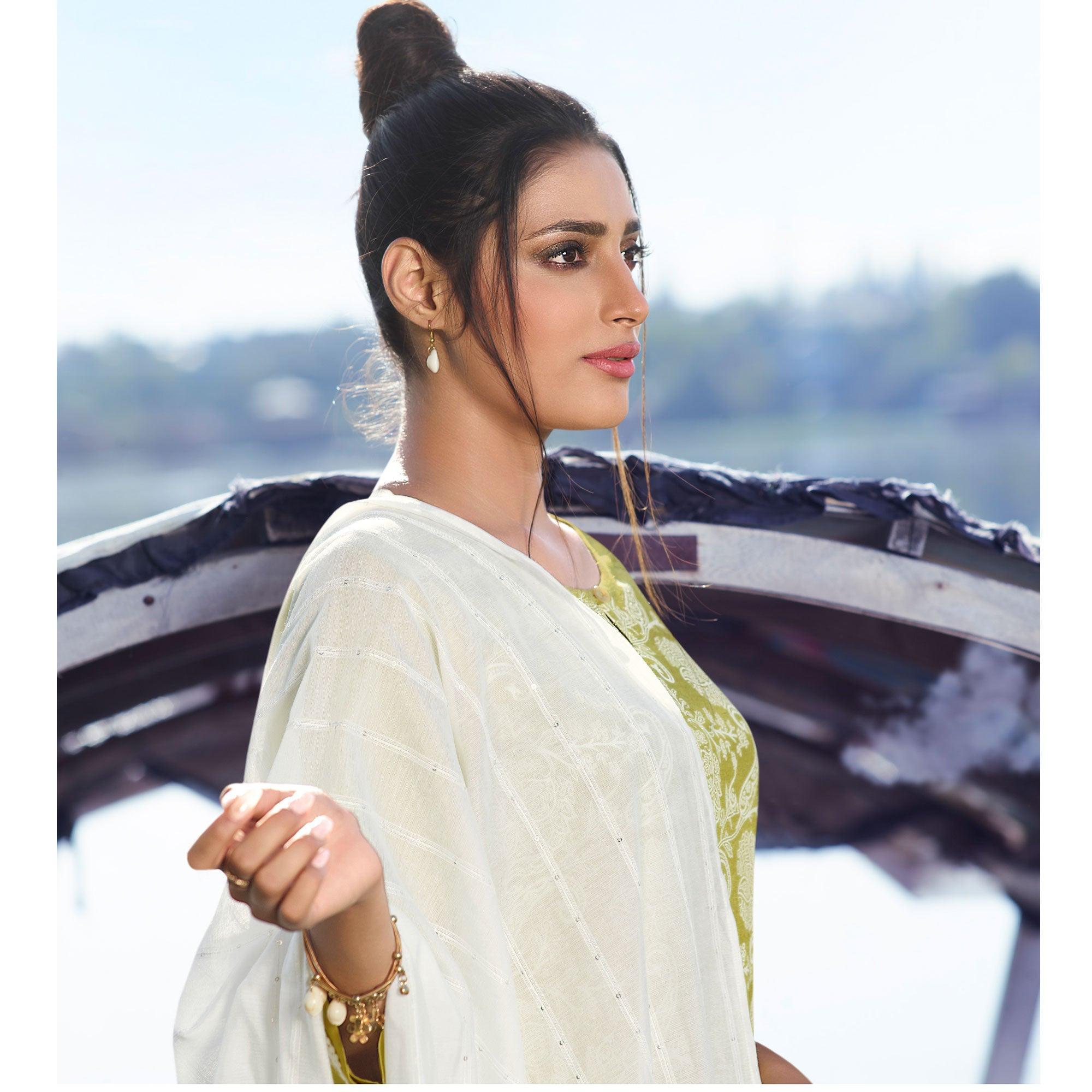 Green Colored Printed Viscose Silk Kurti - Pant Set With Dupatta - Peachmode