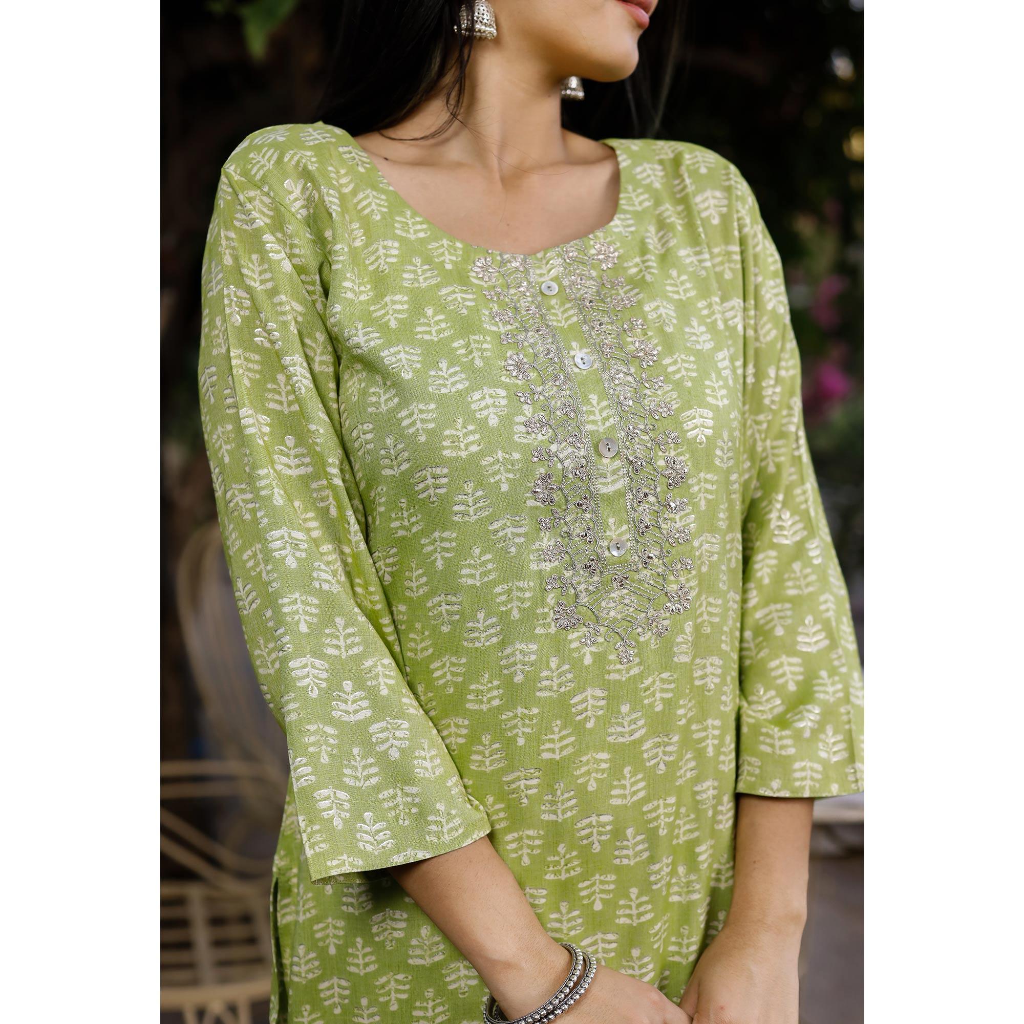 Green Crayon Printed Rayon Kurti - Peachmode