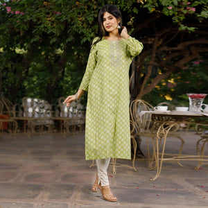Green Crayon Printed Rayon Kurti - Peachmode
