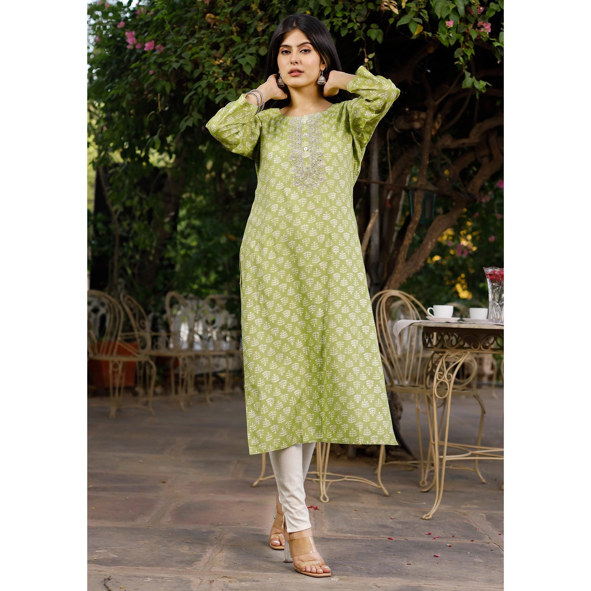 Green Crayon Printed Rayon Kurti - Peachmode