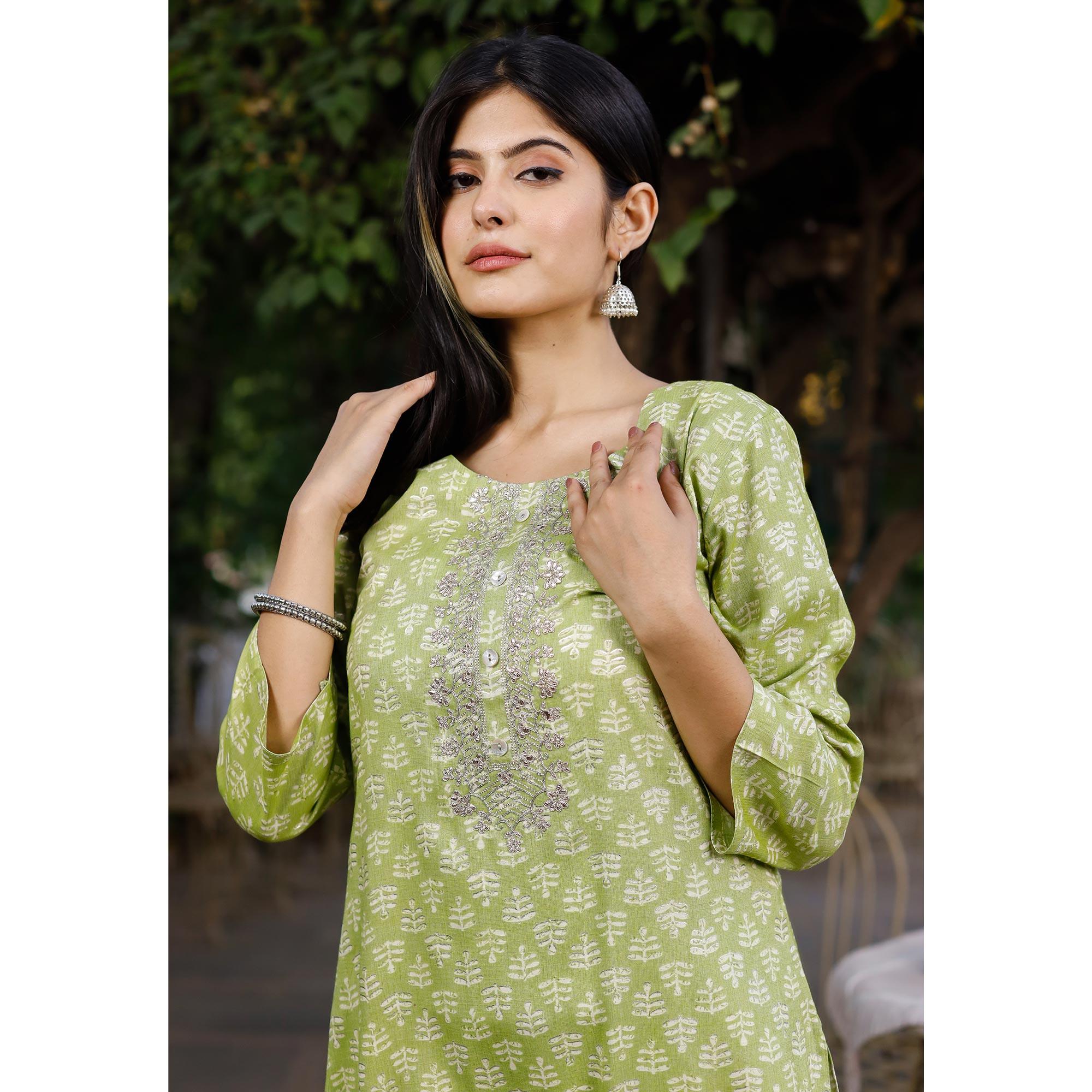 Green Crayon Printed Rayon Kurti - Peachmode
