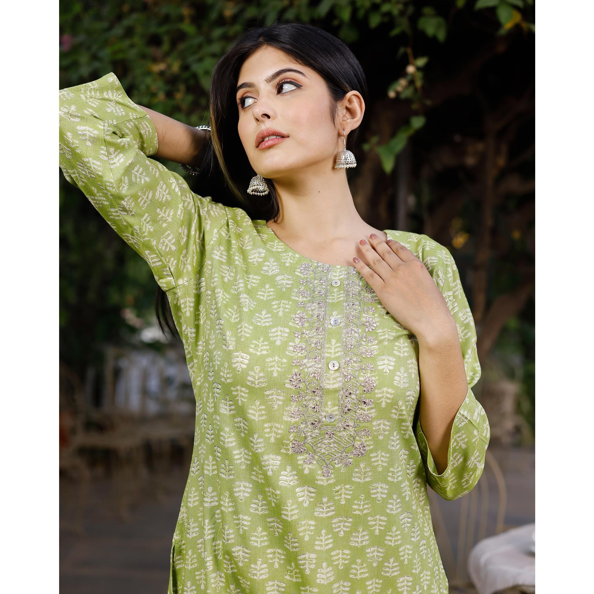 Green Crayon Printed Rayon Kurti - Peachmode