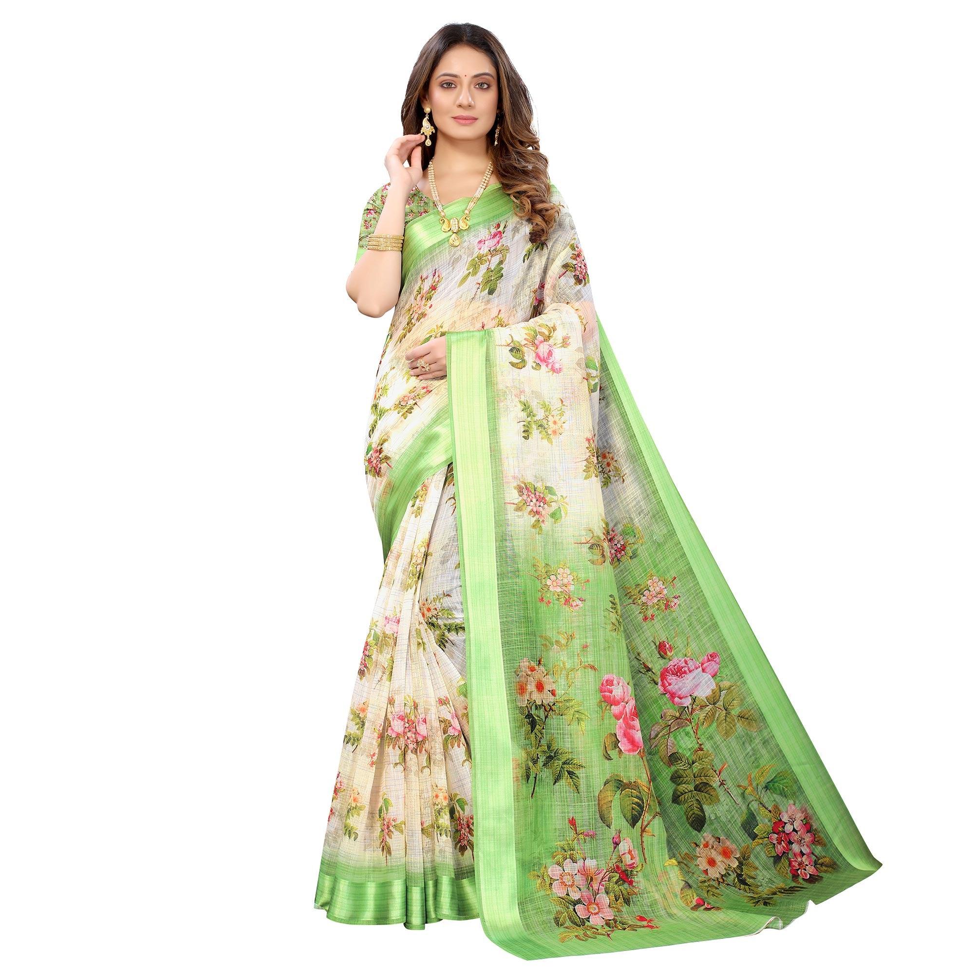 Green-Cream Casual Wear Floral Digital Printed Linen Slub saree - Peachmode