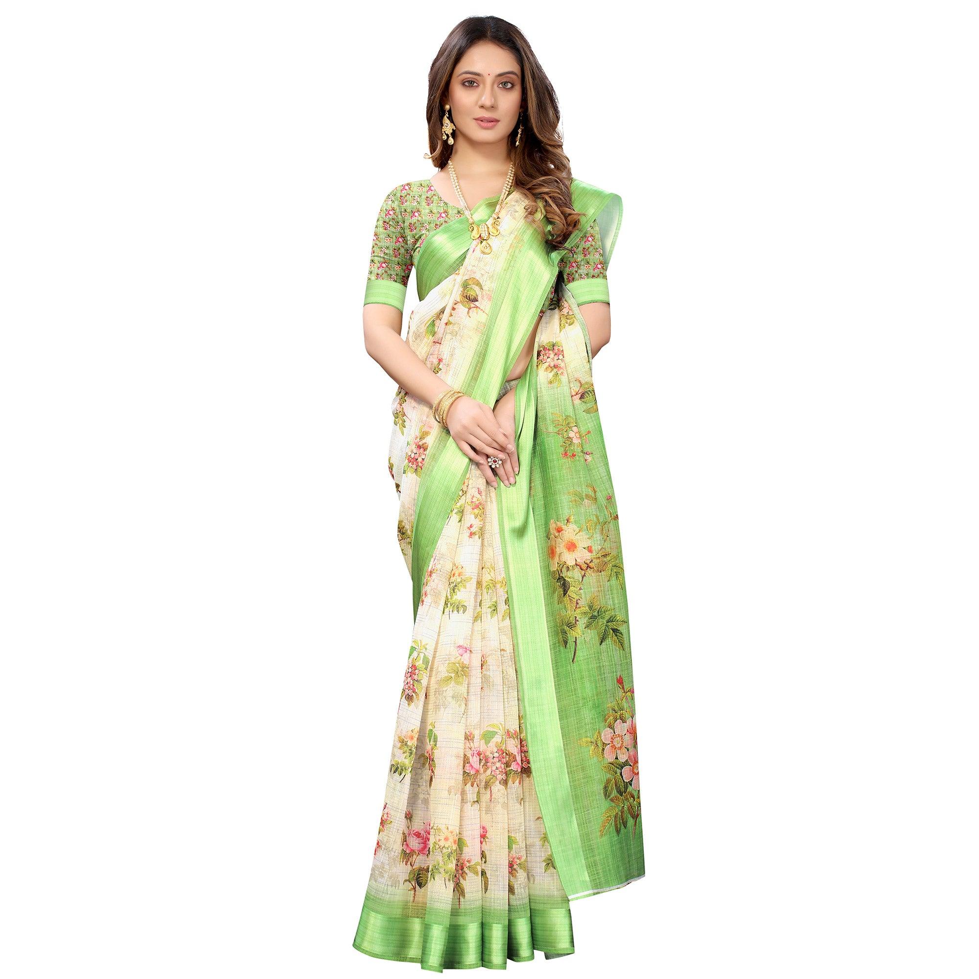 Green-Cream Casual Wear Floral Digital Printed Linen Slub saree - Peachmode