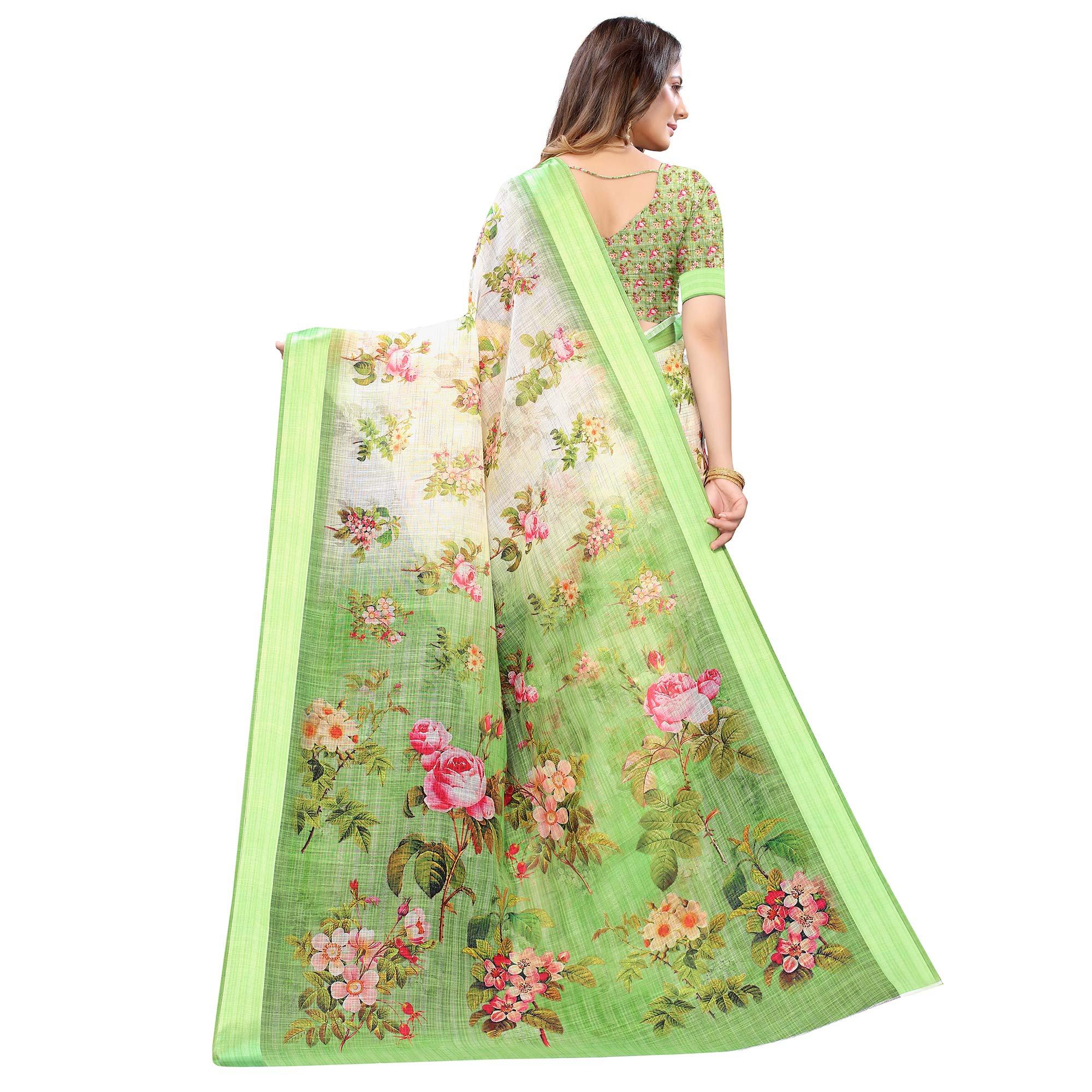 Green-Cream Casual Wear Floral Digital Printed Linen Slub saree - Peachmode