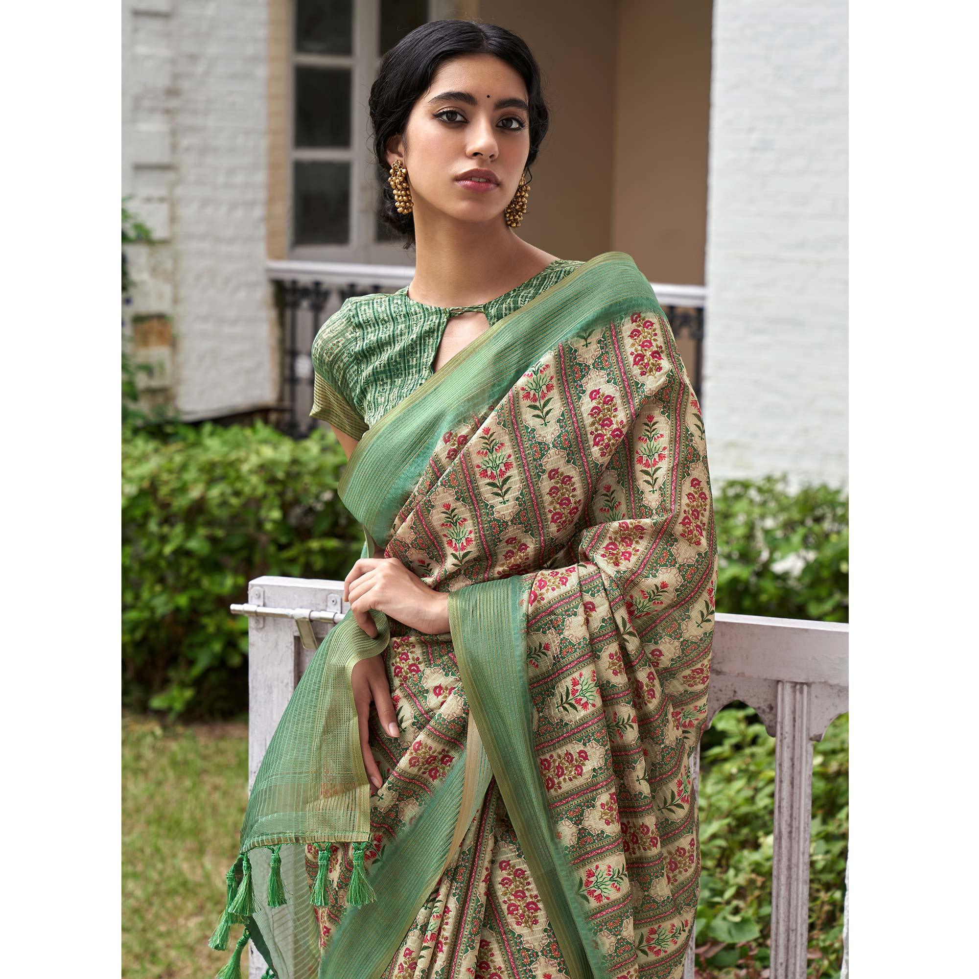 Green-Cream Digital Printed Art Silk Saree - Peachmode