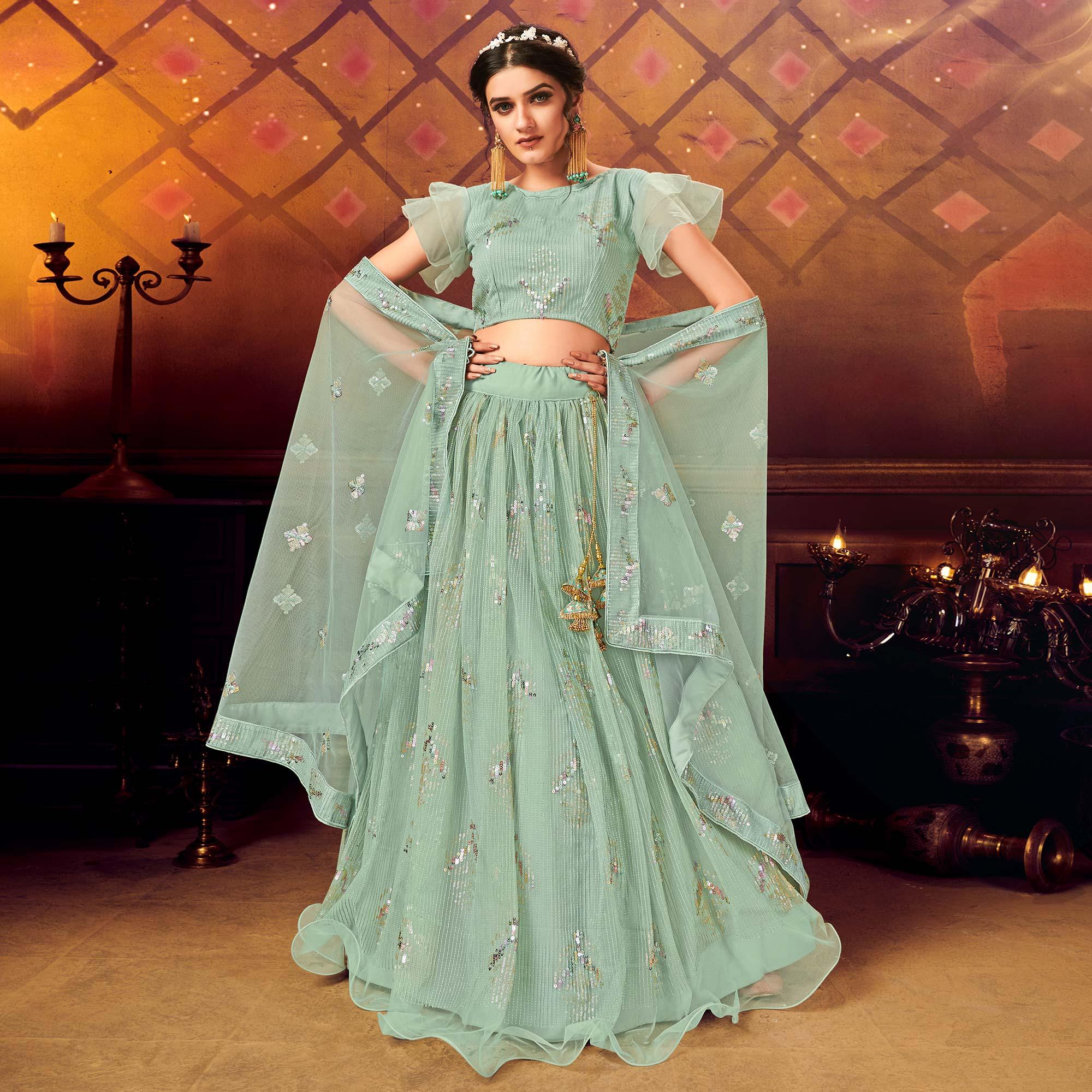 Green Designer Wedding Wear Embroidered Soft Net Lehenga Choli - Peachmode