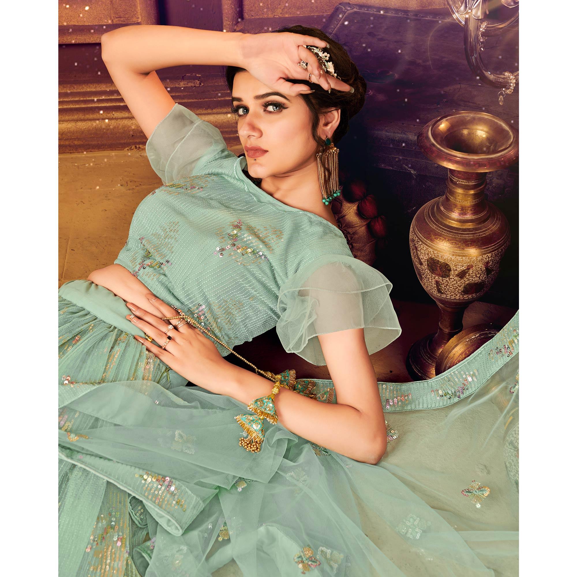Green Designer Wedding Wear Embroidered Soft Net Lehenga Choli - Peachmode