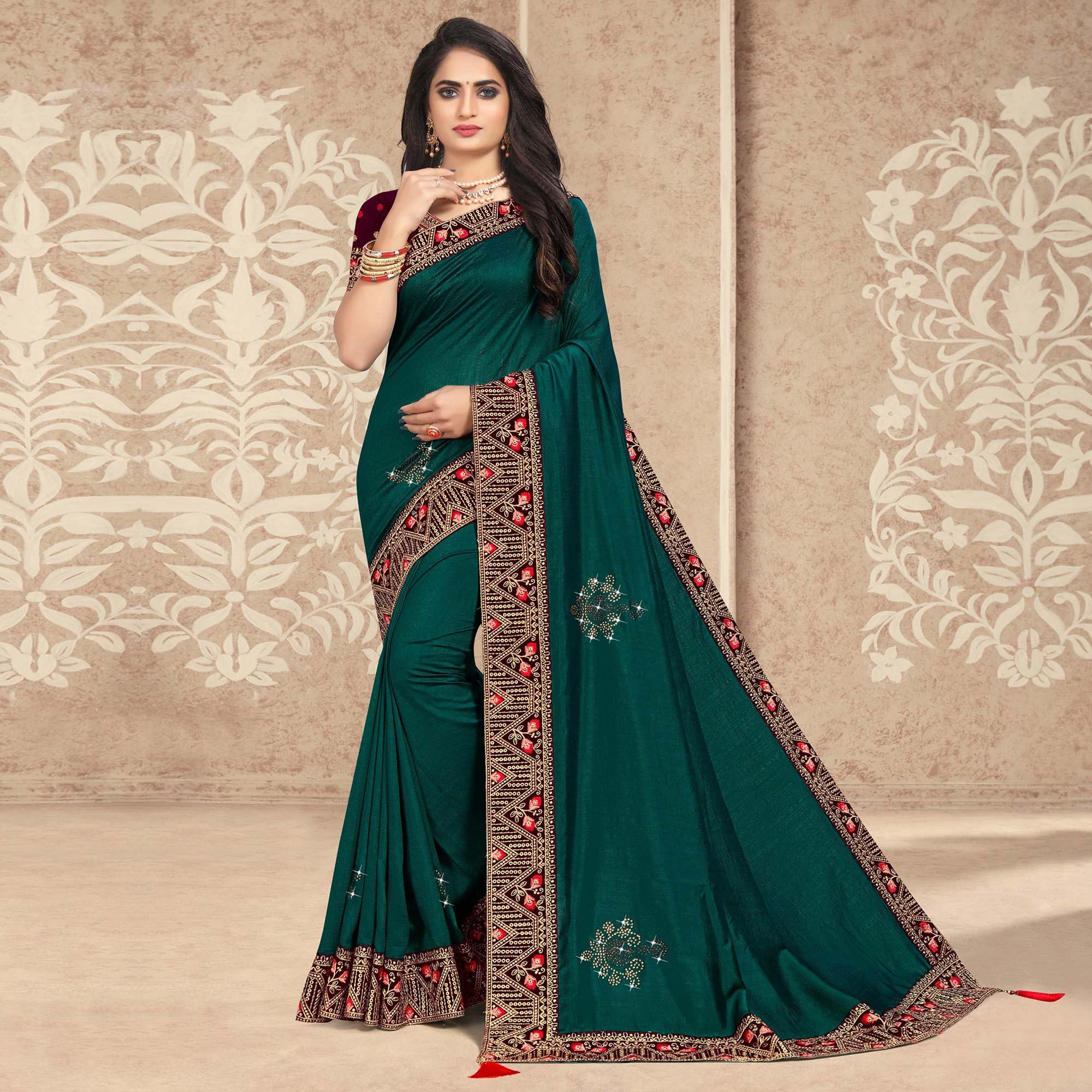 Green Diamond With Embroidered Border Vichitra Silk Saree - Peachmode