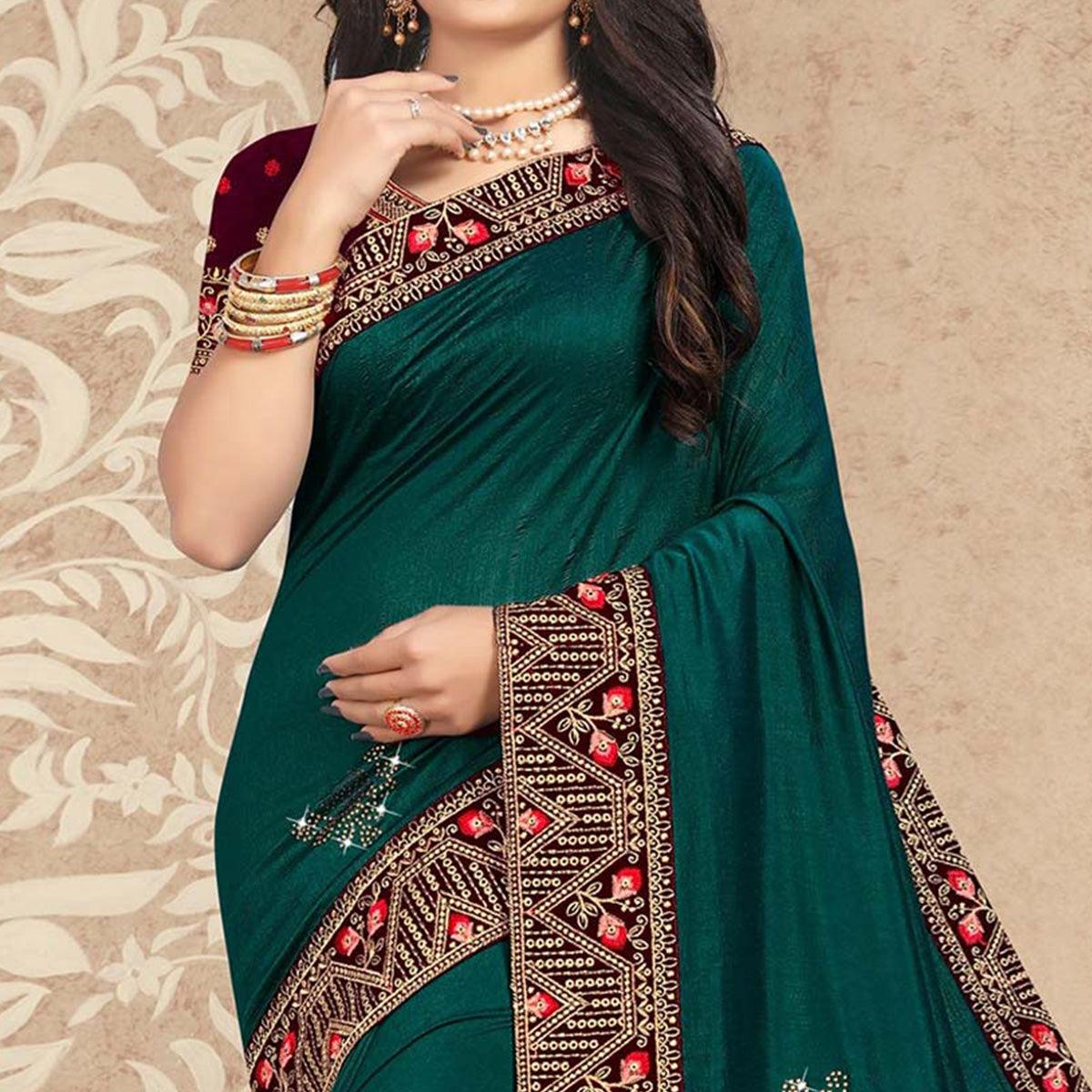 Green Diamond With Embroidered Border Vichitra Silk Saree - Peachmode