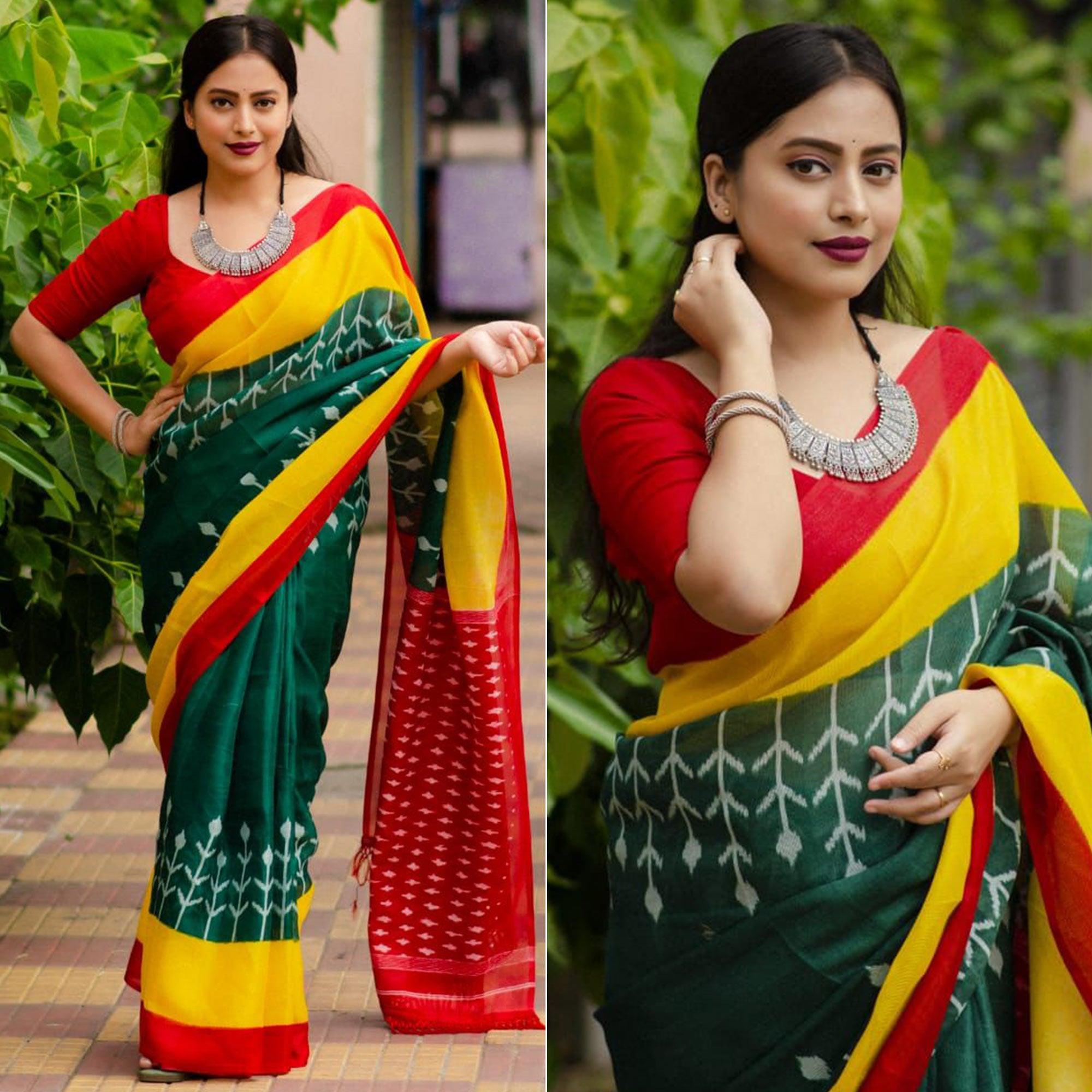 Green Digital Ikkat Printed Linen Saree - Peachmode