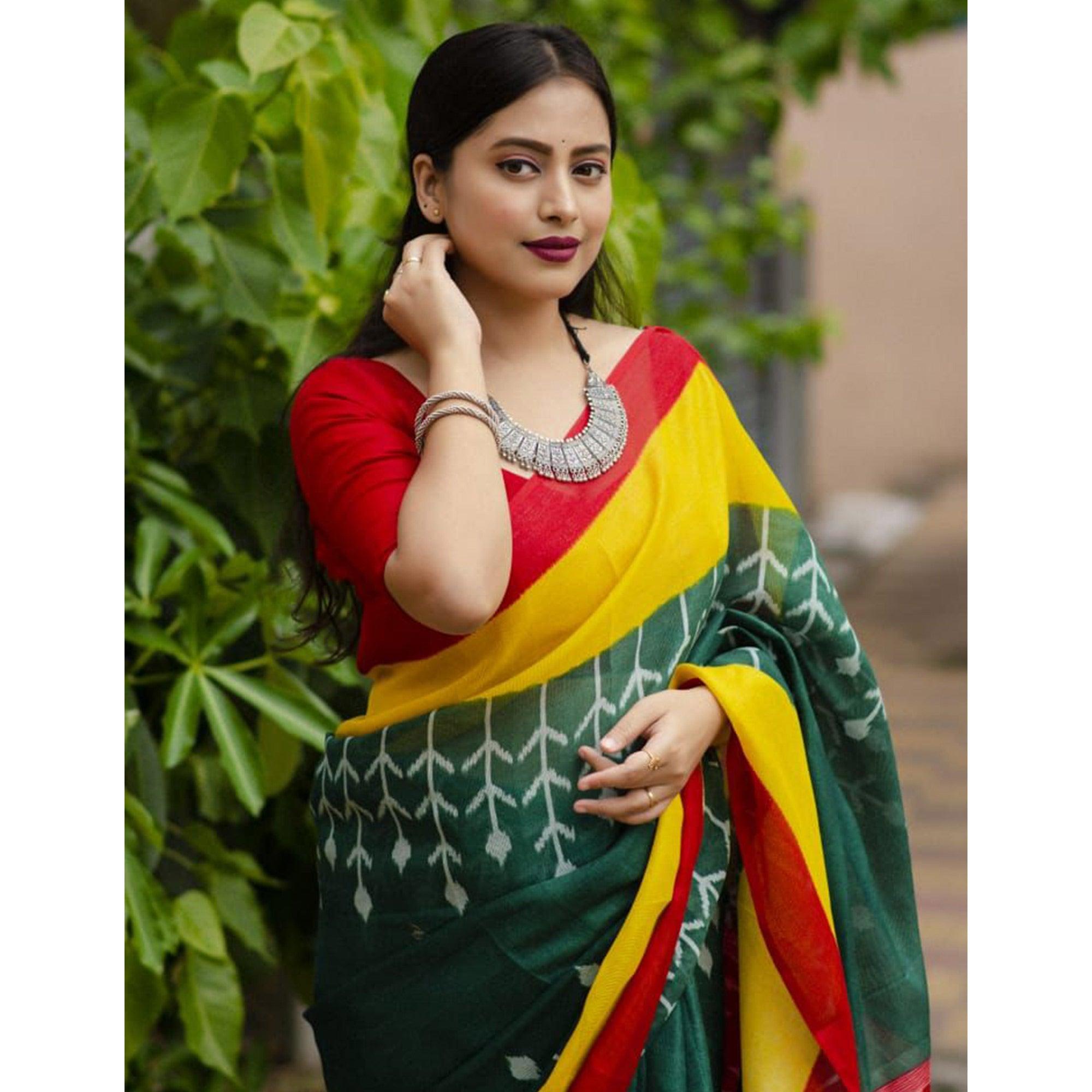 Green Digital Ikkat Printed Linen Saree - Peachmode