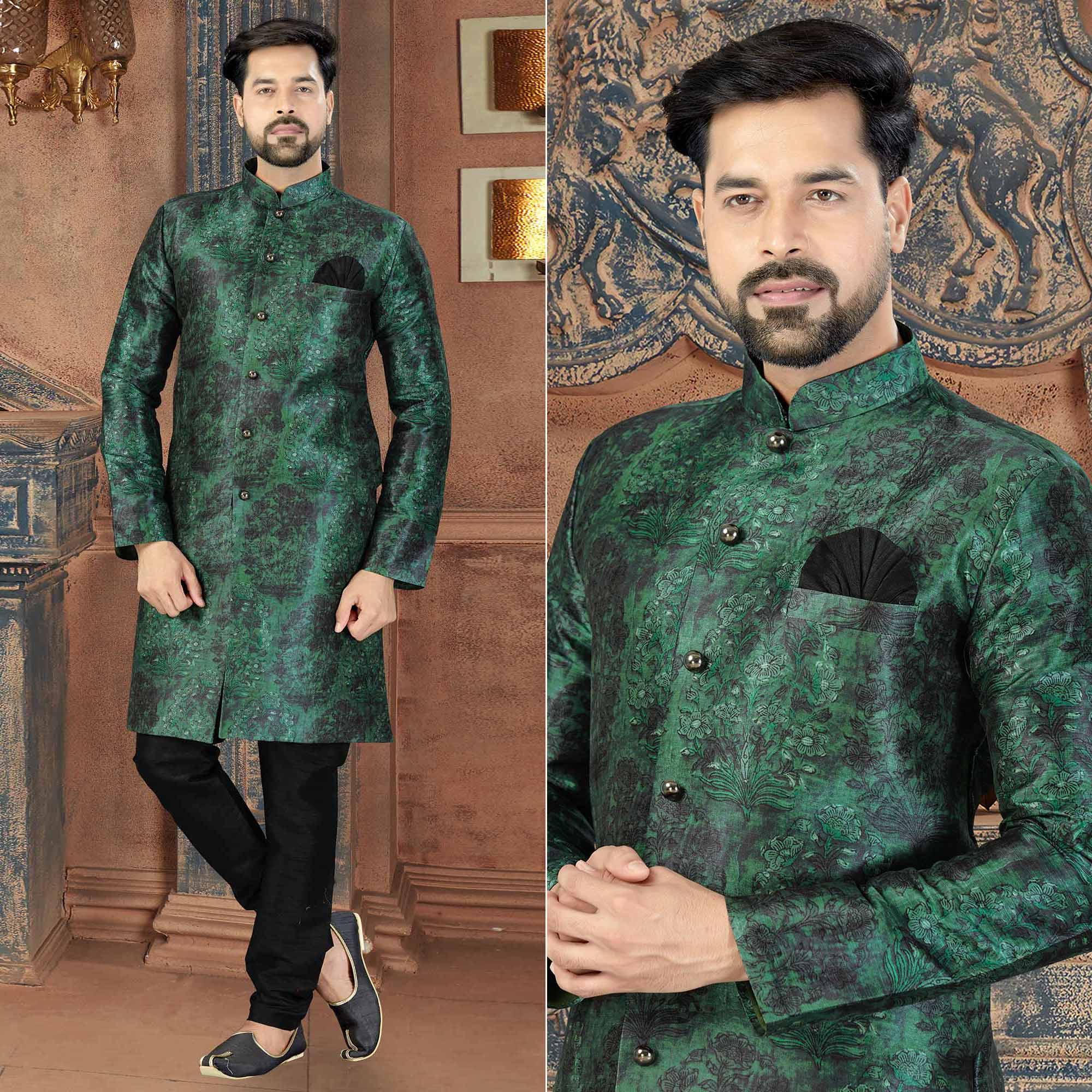 Green Digital Printed Art Silk Men's Kurta Pyjama Set - Peachmode