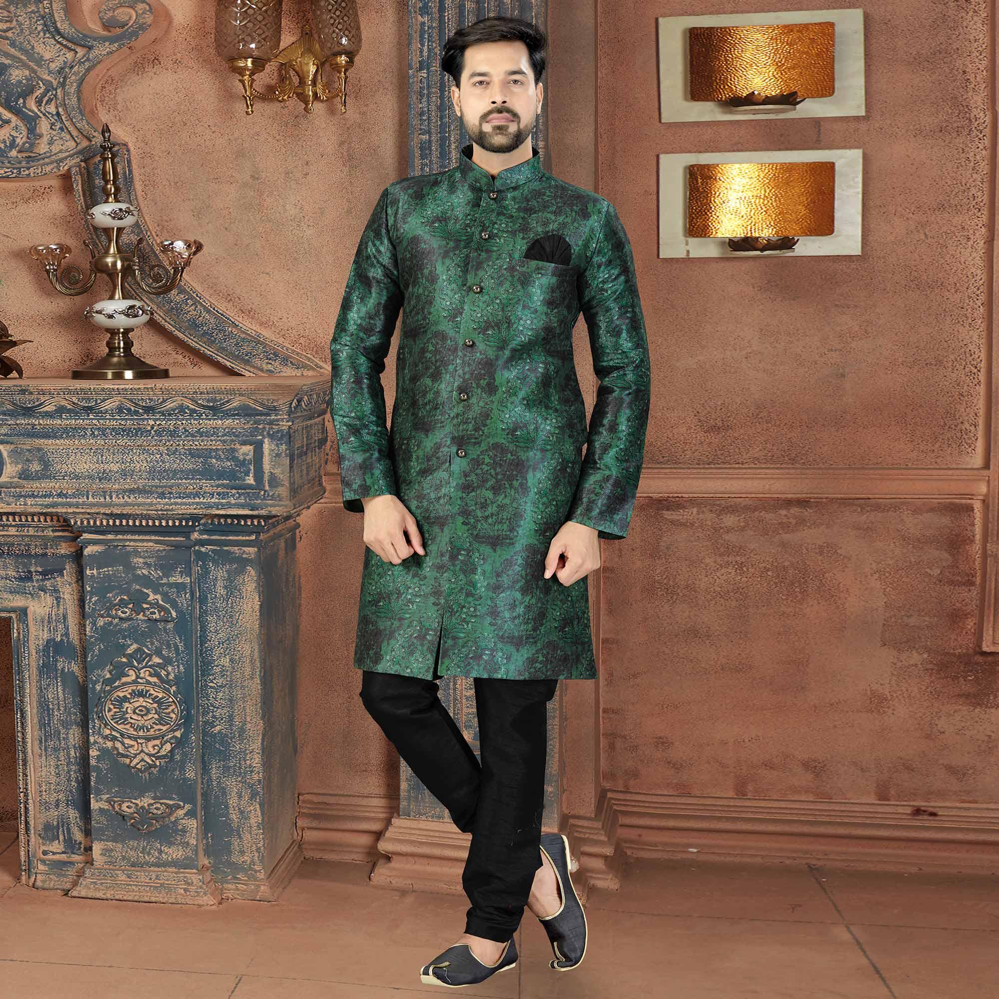 Green Digital Printed Art Silk Men's Kurta Pyjama Set - Peachmode