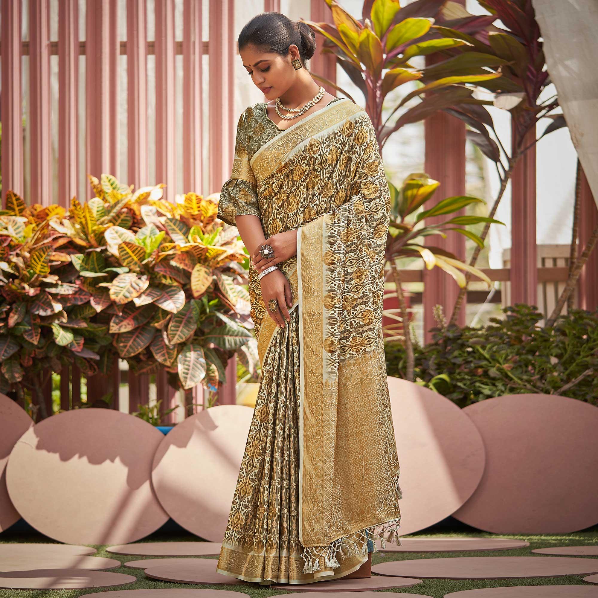 Green Digital Printed Art Silk Saree - Peachmode