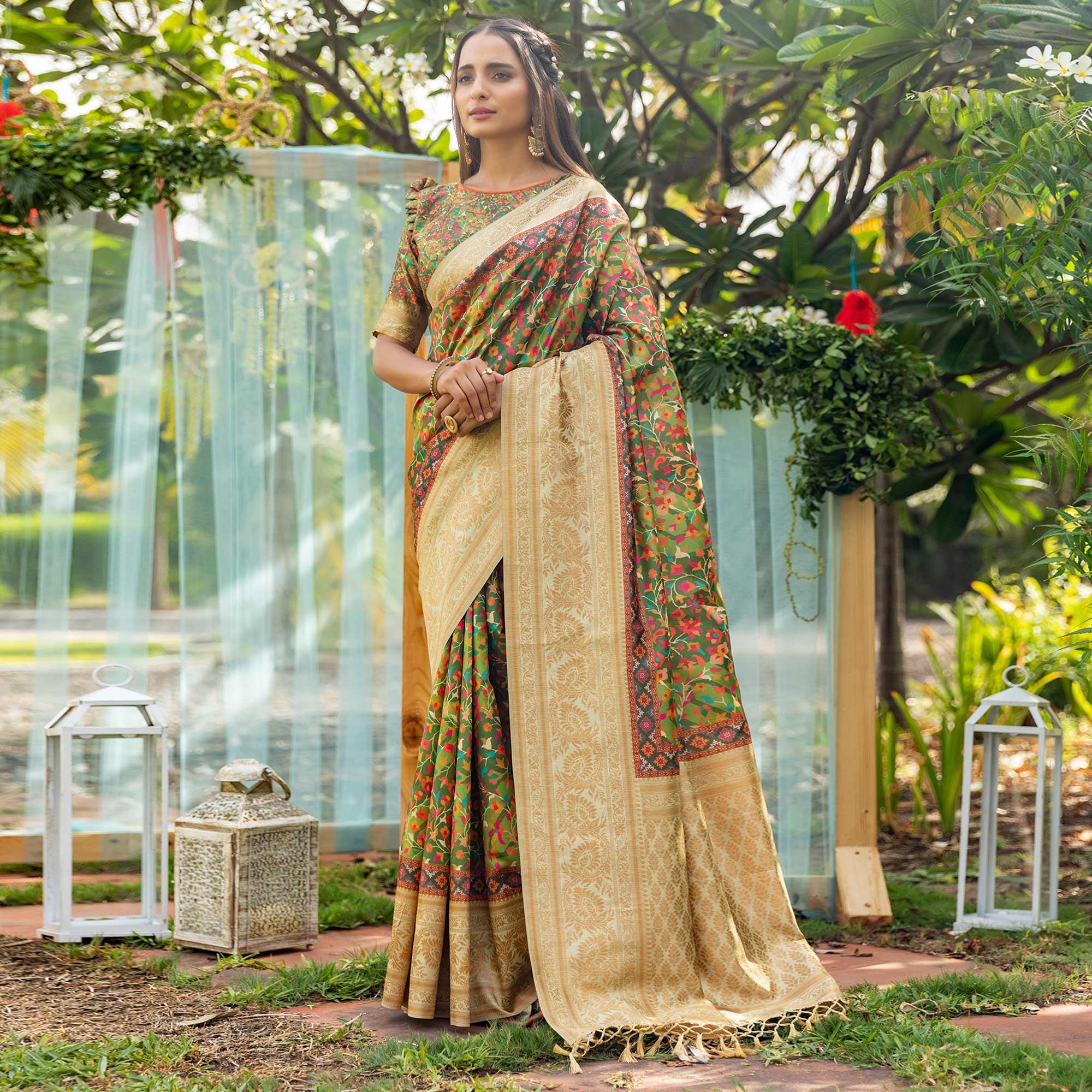 Green Digital Printed Art Silk Saree - Peachmode