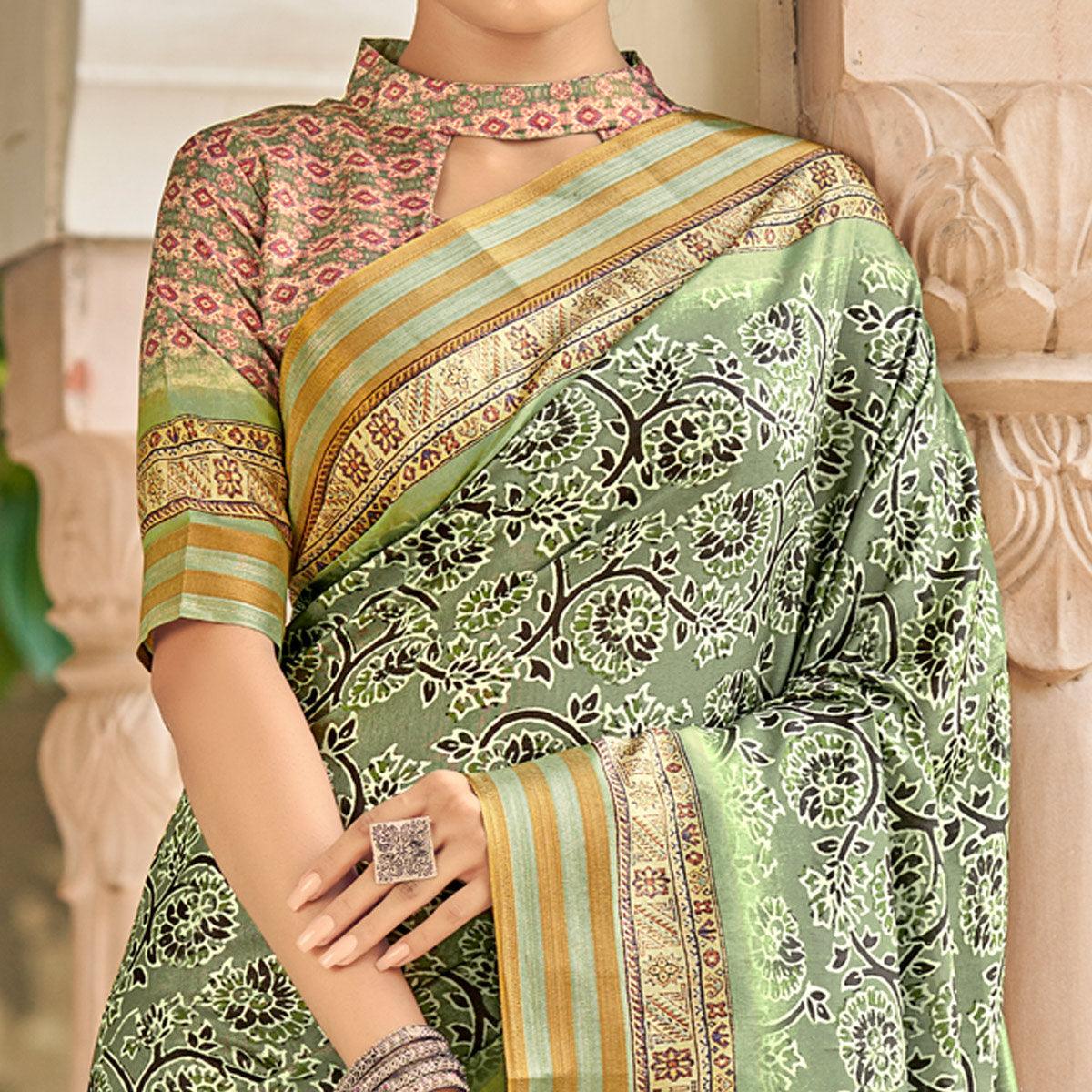 Green Digital Printed Art Silk Saree - Peachmode