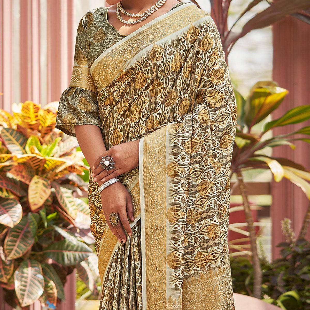 Green Digital Printed Art Silk Saree - Peachmode