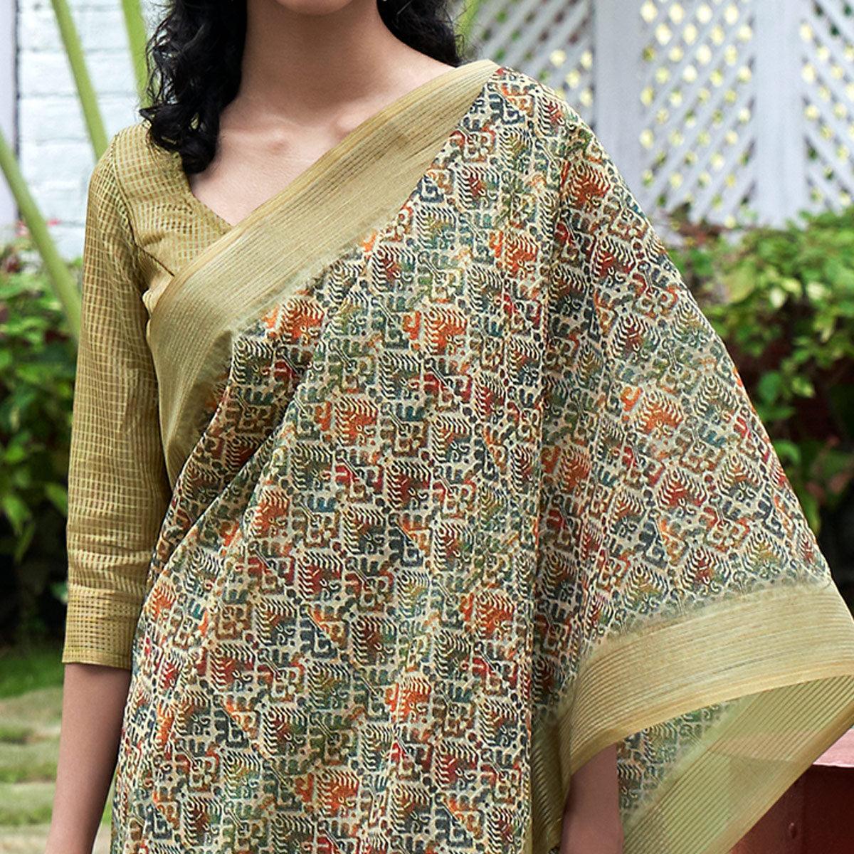 Green Digital Printed Art Silk Saree - Peachmode