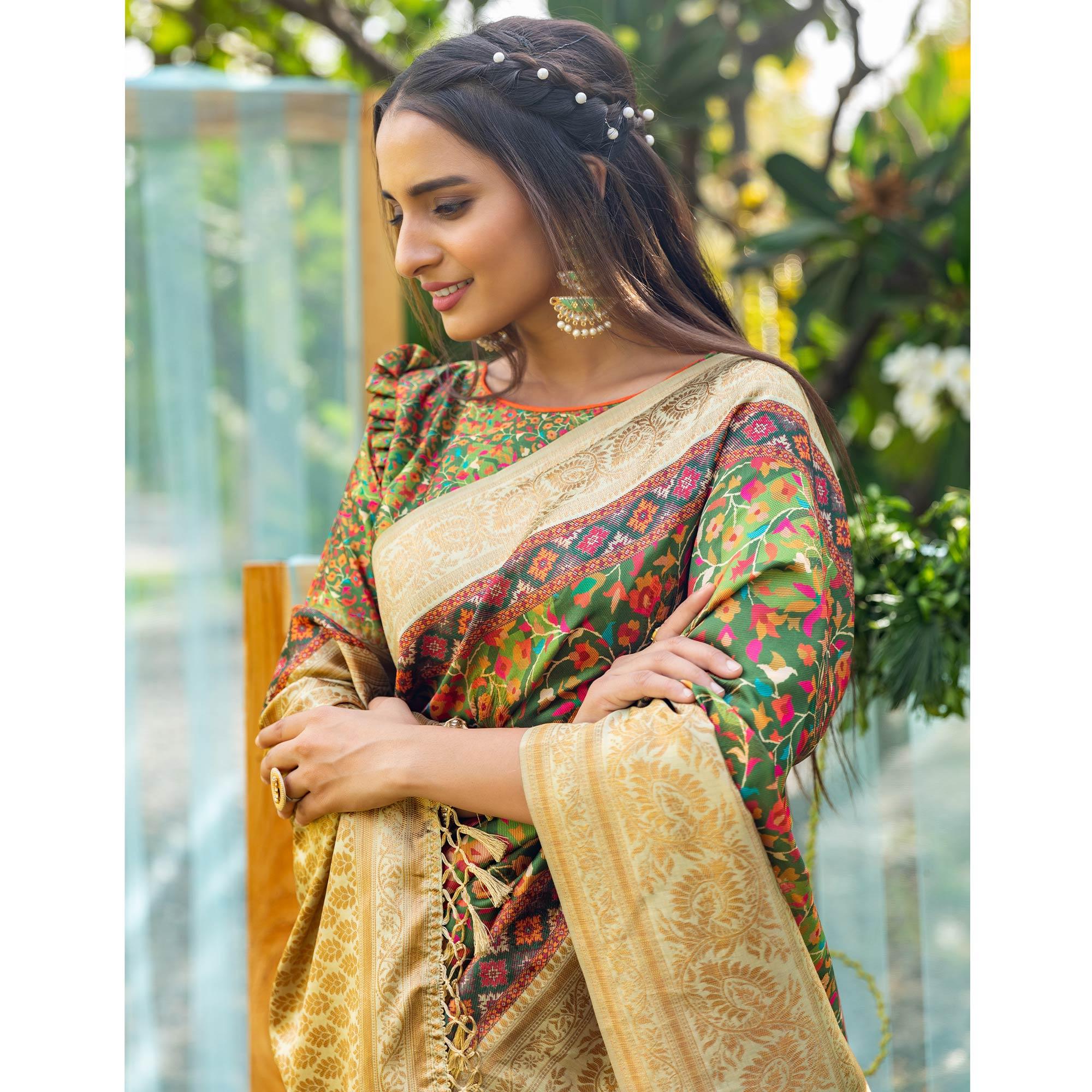 Green Digital Printed Art Silk Saree - Peachmode