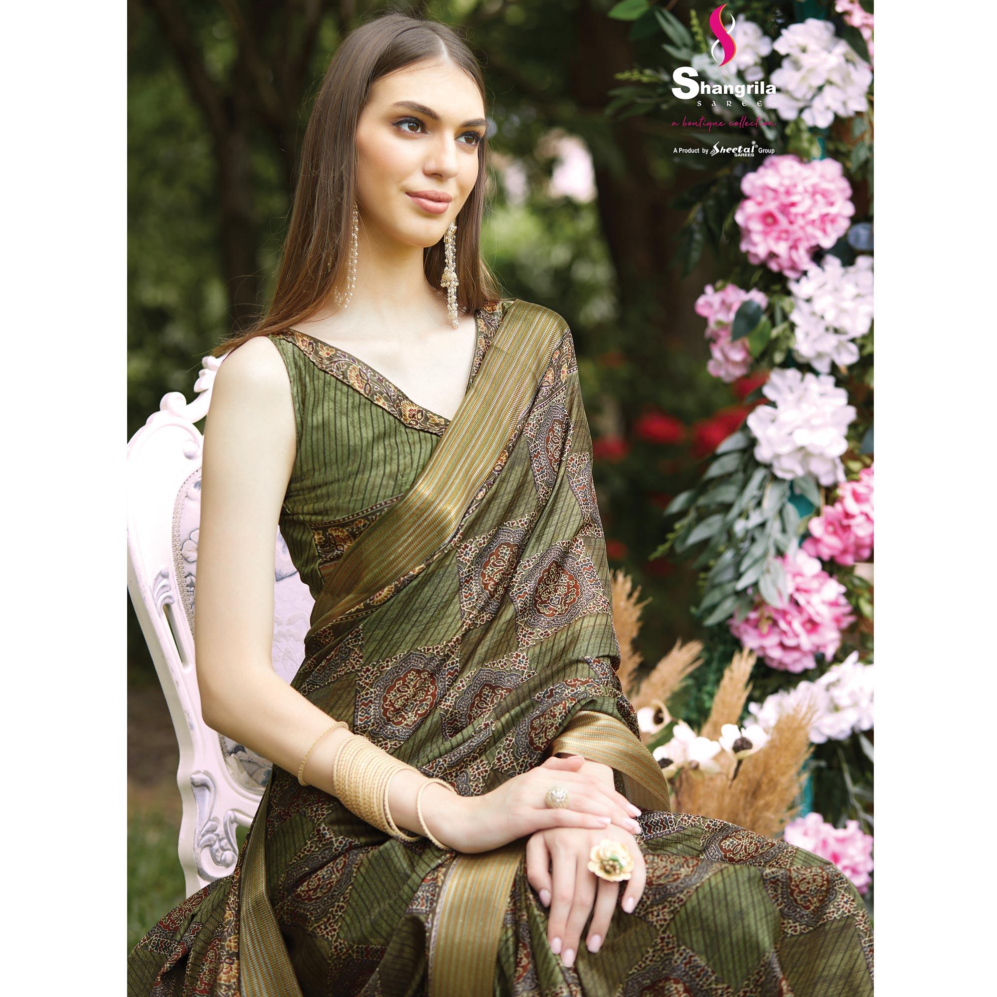 Green Digital Printed Art Silk Saree - Peachmode