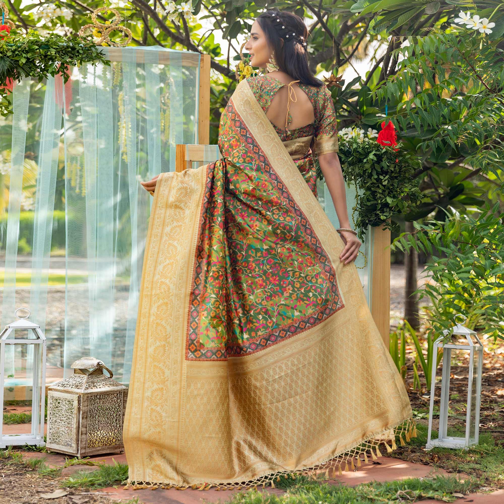 Green Digital Printed Art Silk Saree - Peachmode