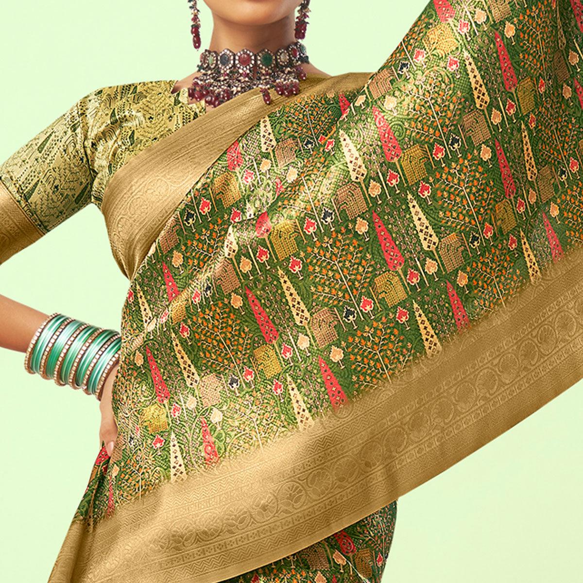 Green Digital  Printed Art Silk Saree With Tassels - Peachmode