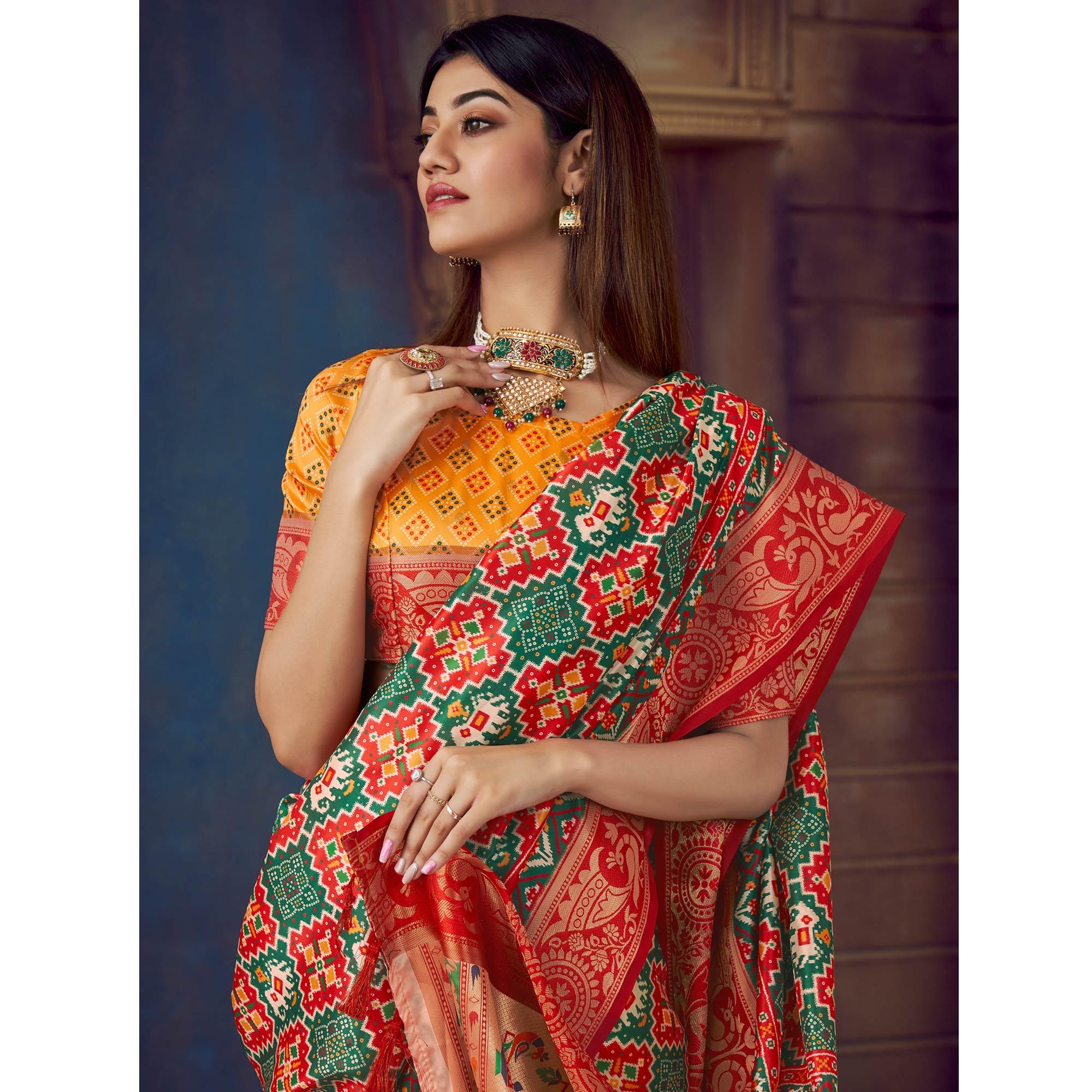 Green Digital Printed Art Silk Saree With Tassels - Peachmode